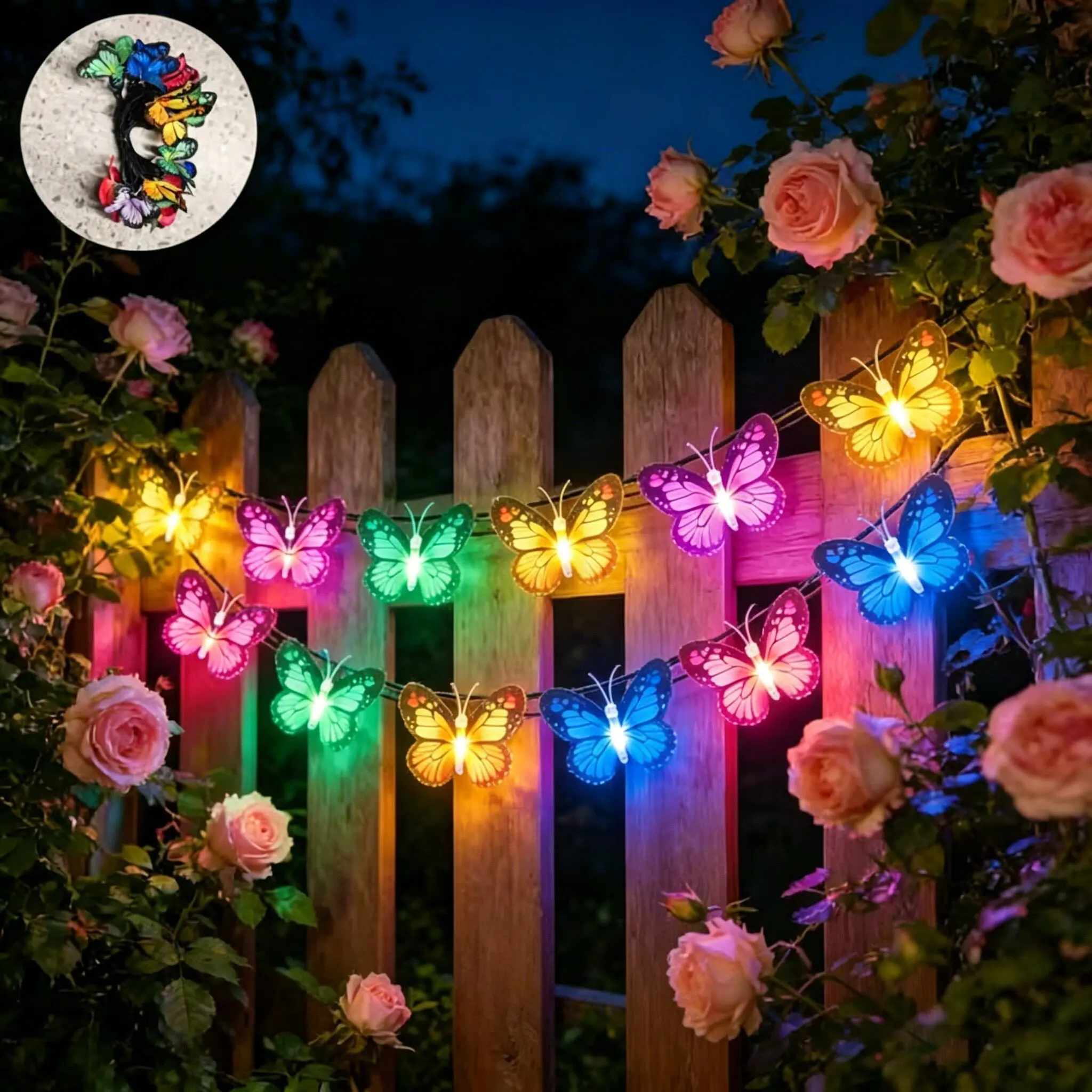196.85inch/20LED Solar Illuminated Butterfly String Lights Realistic Butterfly Colorful Glow Ambient Decor IP44 Outdoor Garden Patio Fence Balcony Tree Hanging Landscape Lighting Romantic Party Decoration