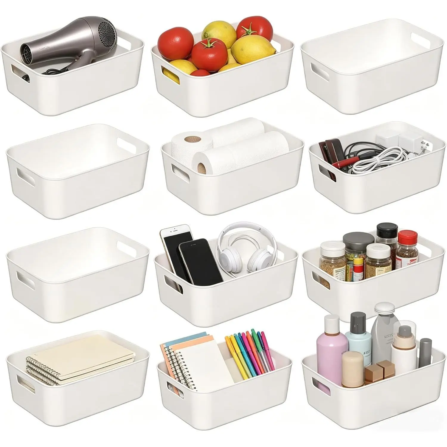 12 Pack Multi-purpose Plastic Storage Organizer Bins With Double Side Handles For Fridge Kitchen Cabinet Bathroom Desktop Countertop Sundries Classification Storage