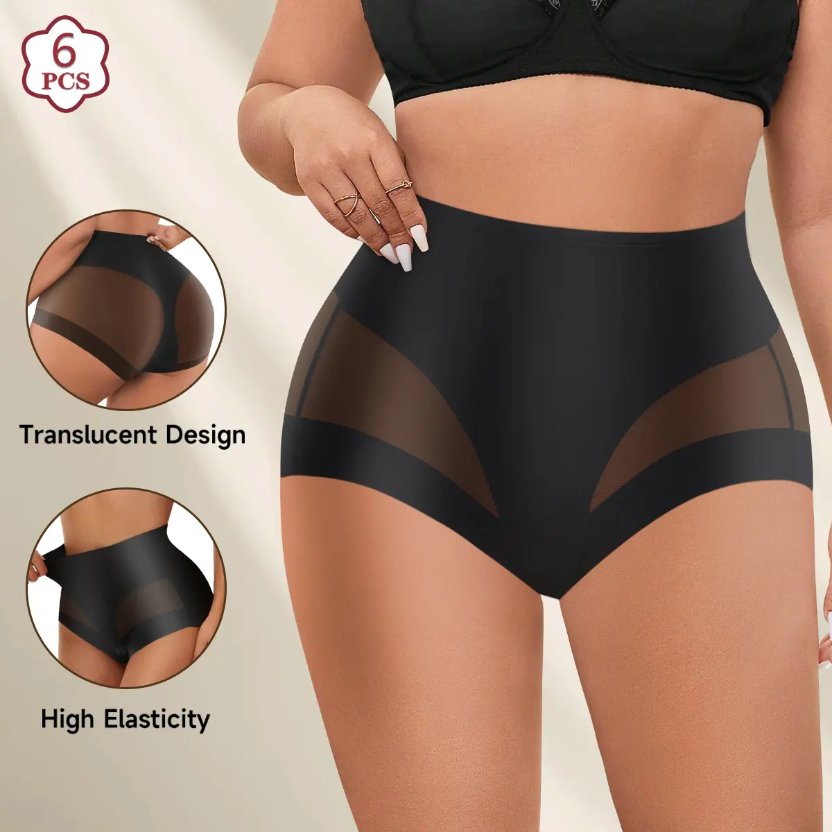 Women's QUASTI 6-Pack Mid-Rise Lightweight Shapewear Briefs, Sheer Mesh Hip-Lifting Panties, Soft Breathable Silky Underwear for Daily Work & Summer Outfits, S-XXL