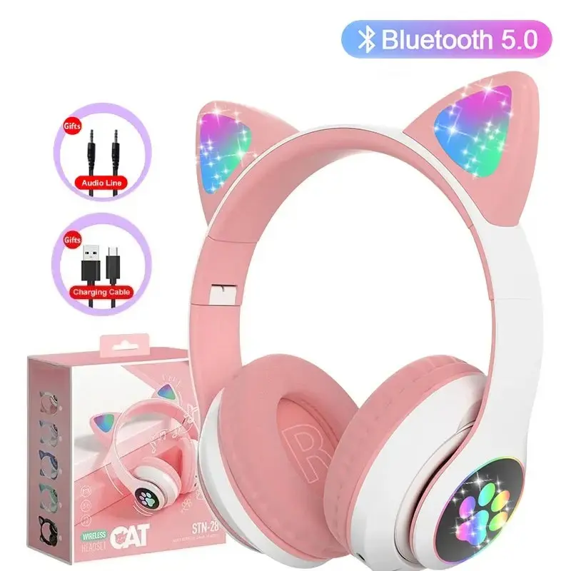 360mAh Single Pair Cute Cat Ear Foldable Rechargeable Wireless Earphones with Rainbow Flash Lamp, Bluetooth5.0 Stereo, Built-in Mic, TF Card Support, Adjustable Volume, Wired Connection, Safe Kid Headset for Toddlers, Phones