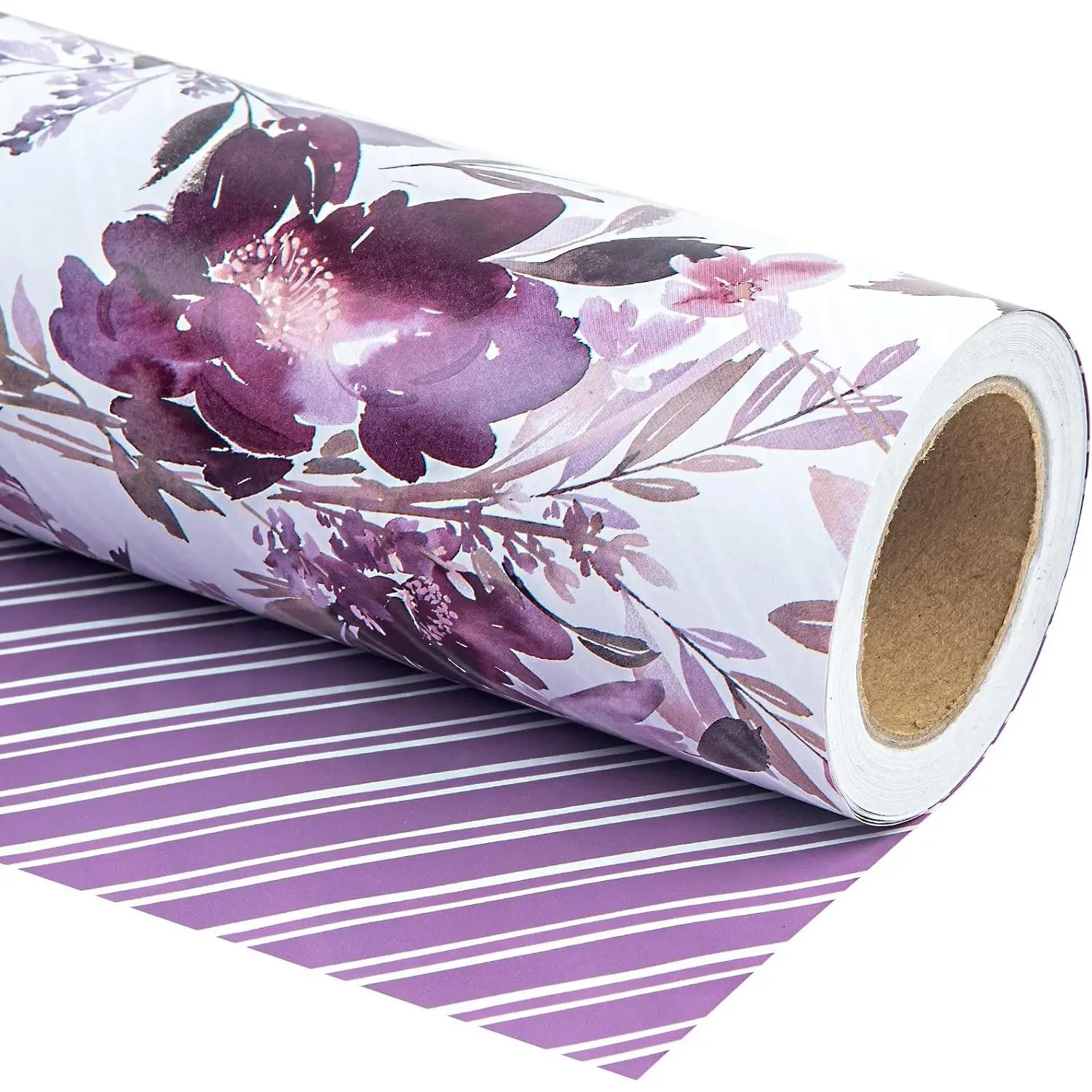 Reversible Floral Wrapping Paper - Mini Roll - 17 Inch X 33 Feet - Purple Floral Design for Wedding, Birthday, Valentines' Day, Baby Shower, Anniversary, Bridal Shower