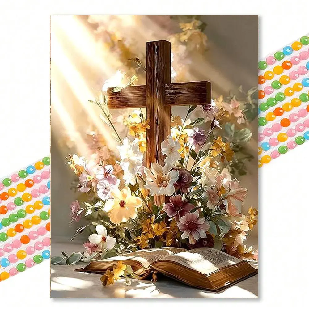 1pc 30×40cm Round 5D Diamond Painting Kit, Floral Wooden Cross & Bible, Warm Light Mosaic Picture, DIY Rhinestone Cross Stitch, Home Religious Wall Decor Gift