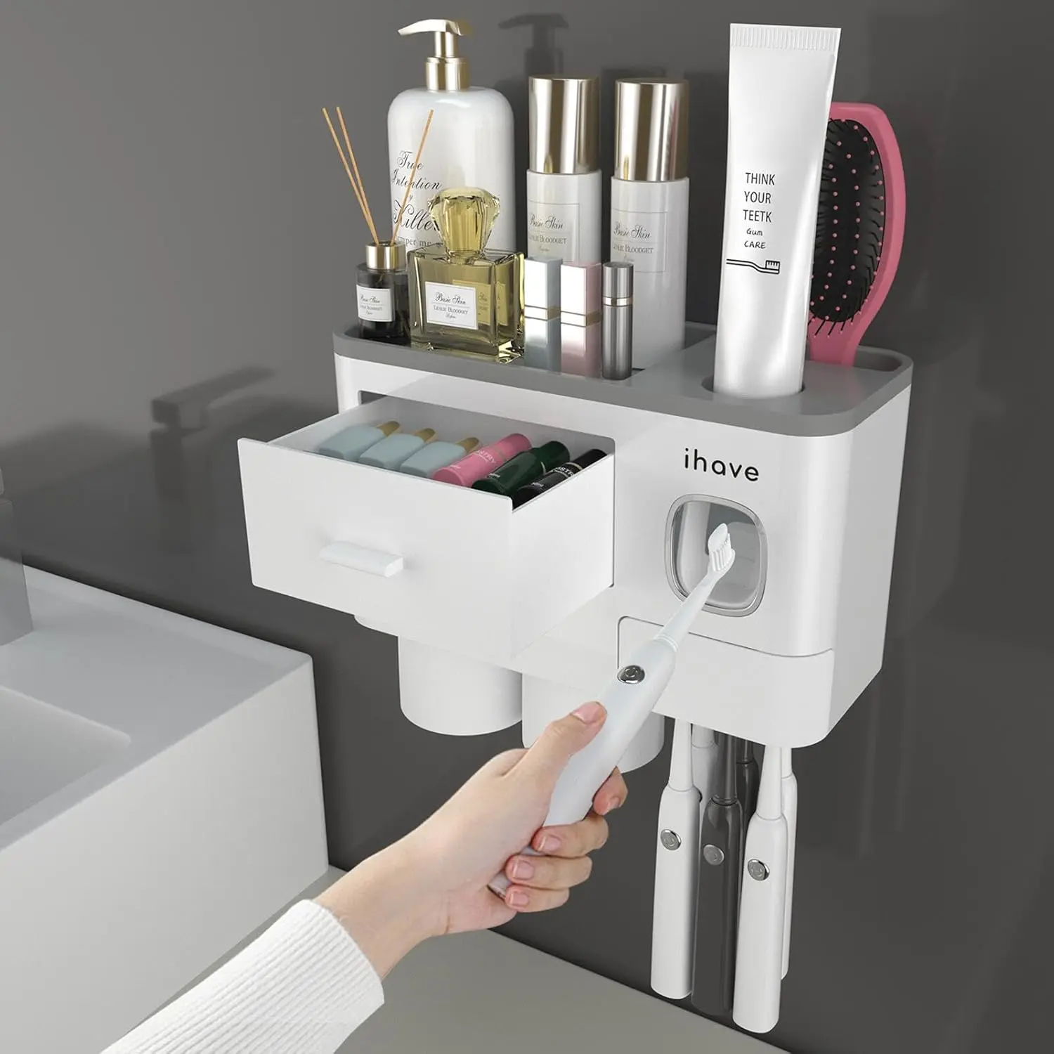 Toothbrush Holders for Bathrooms, 2 Cups Toothbrush Holder Wall Mounted with Toothpaste Dispenser - Large Capacity Tray, Cosmetic Drawer - Decor & Accessories