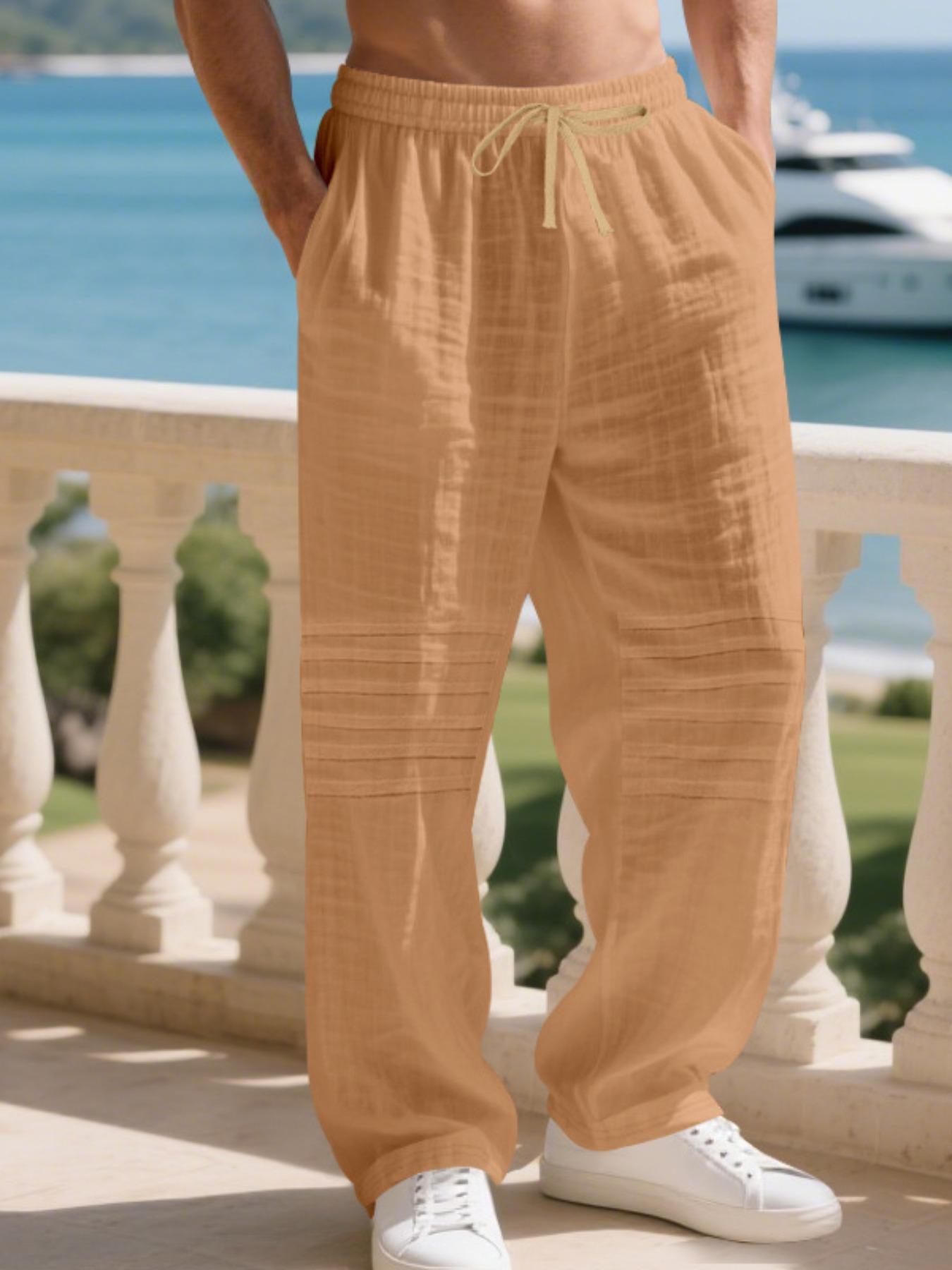 Men's American Style Loose Pleated Linen Pants, Casual Loose Fit with Pockets, Spring & Fall Beach Vacation Lightweight Long Pants