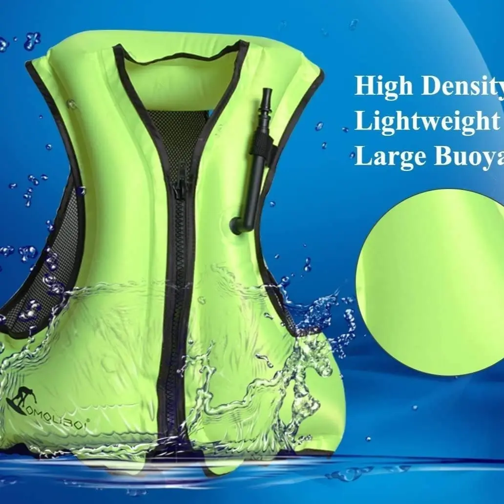 Inflatable buoyancy vest with front zipper and breathable side mesh. Foldable & lightweight for travel. Adjustable bottom buckle prevents shifting. Ideal for snorkeling, swimming and paddle boarding.