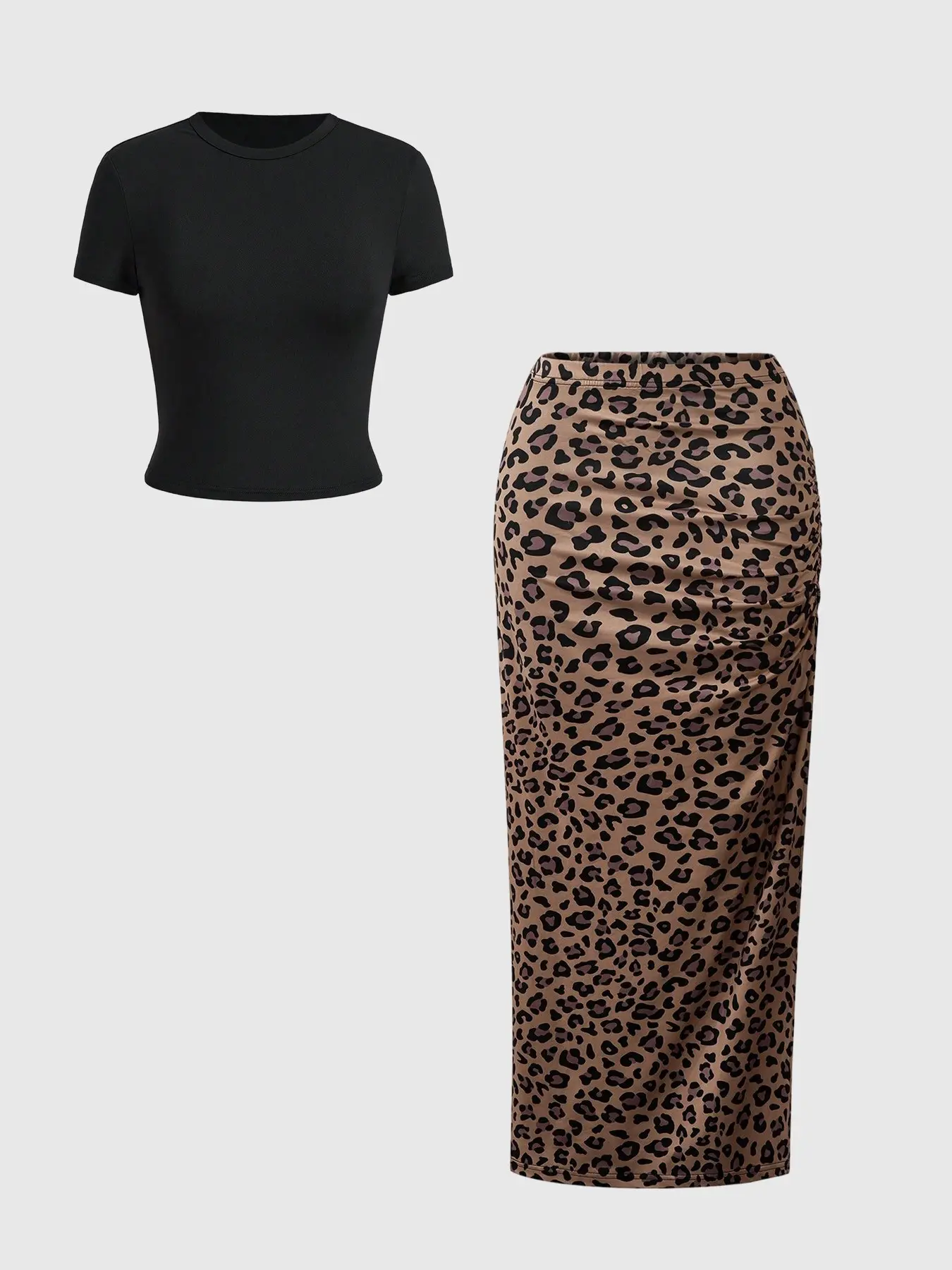 Women's Casual Two-Piece Set, Short Sleeve Round Neck Top & Leopard Print Skirt, Elegant Daily Wear, Fashionable Comfort Design, Everyday