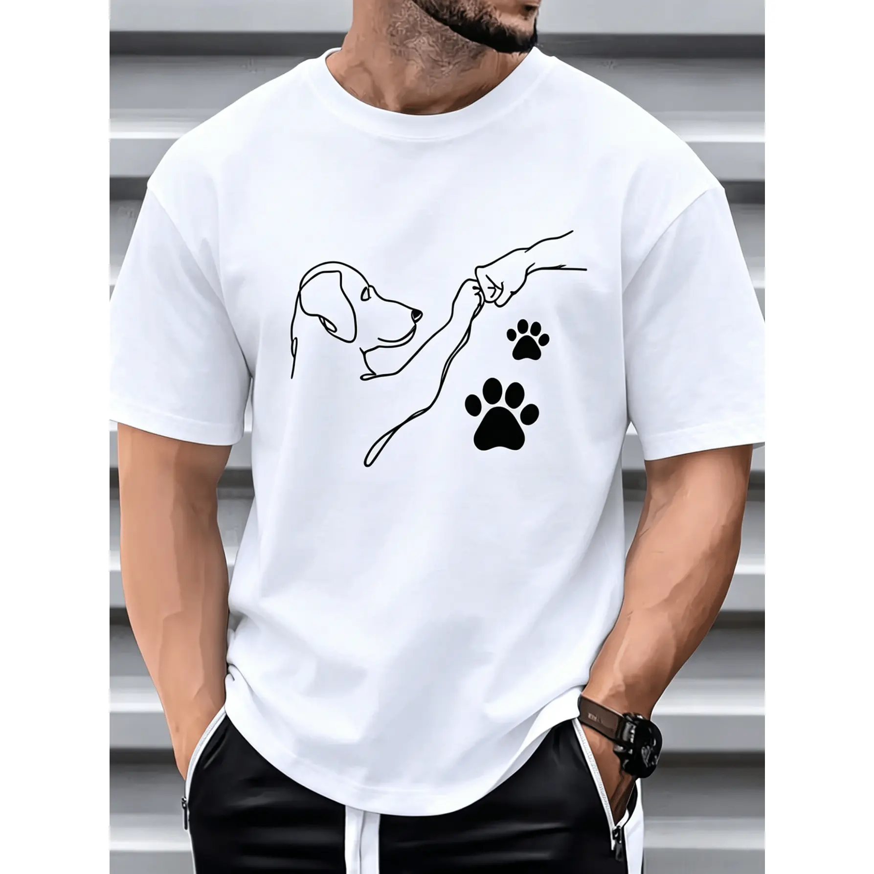Simplified Dog High Five Print T-shirt with Fun Paw Print Design, Gentle and Healing Style, Comfortable Short Sleeved Top for Men's Daily Commuting