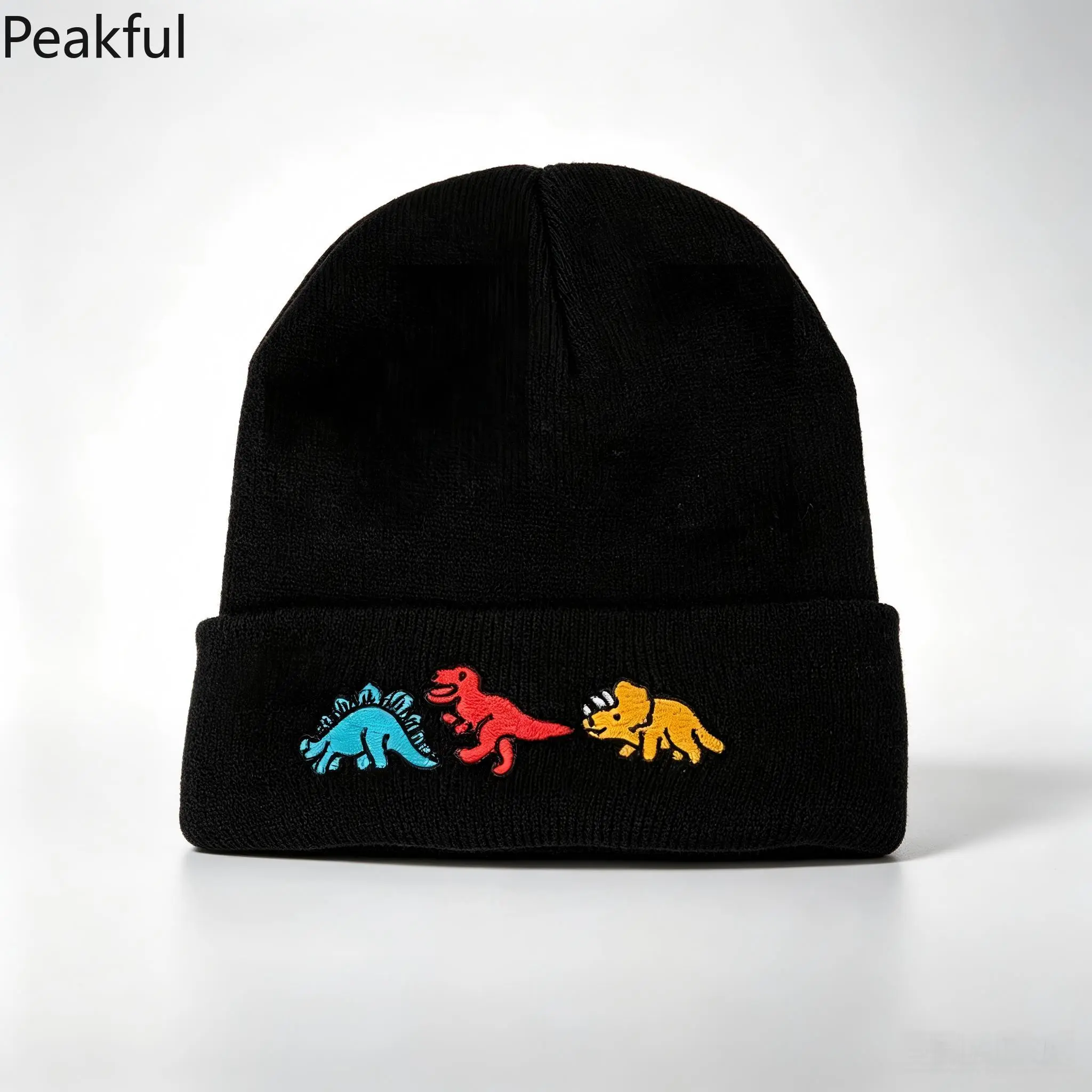 Cute Embroidered Dinosaur Beanie Hat Soft Knitted Cuffed Winter Cap Y2K Aesthetic Streetwear Skull Hat for Teens Adults