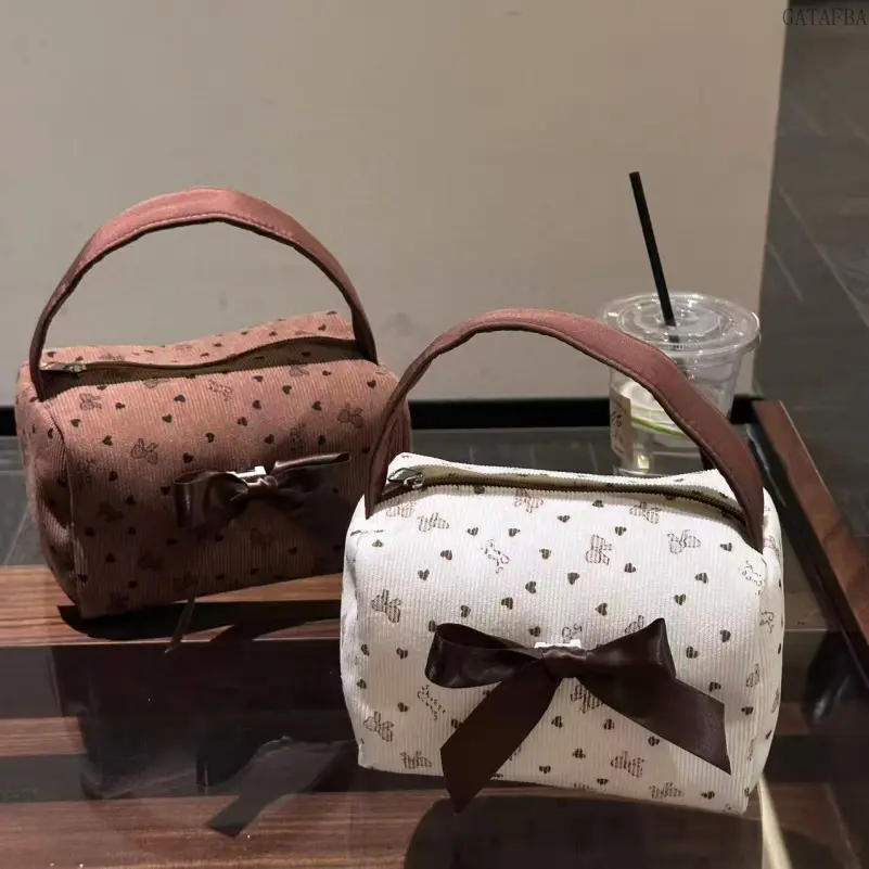Elegant Bow Print Makeup Bag, Fashion Portable Large Capacity Cosmetic & Wash Storage Hand Pouch