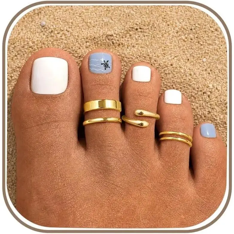 Women's 4Pcs Non Tarnish Jewelry 14K Gold Filled Adjustable Toe Rings Set - Flower CZ Band, Wave Dainty, Waterproof, Summer Beach Open Toe Accessories