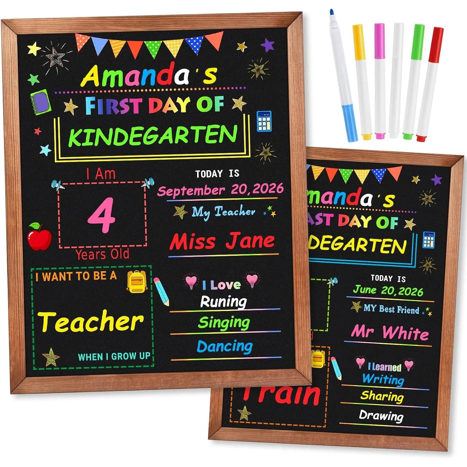 First and Last Day of School Chalkboard, Double-Sided with Wooden Frame | 14 x 11 Inch  Dry Erase School Chalkboard with 6 Color Pens,  to School Supplies for