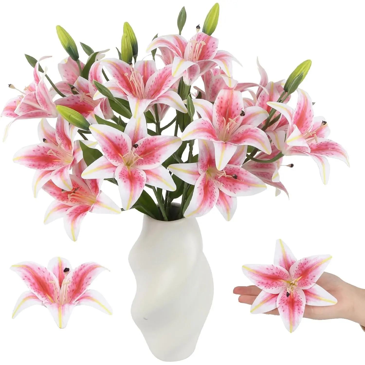 18 Heads Pink Artifical Lily Flowers & 6 Heads Buds Faux Flora, 2 Bouquet 5 Forks 21'' Long Stem Faux Fake Tiger Lily Flower Bouquets for Home Hotel Office Party Decor Table Centerpieces(Light Pink)