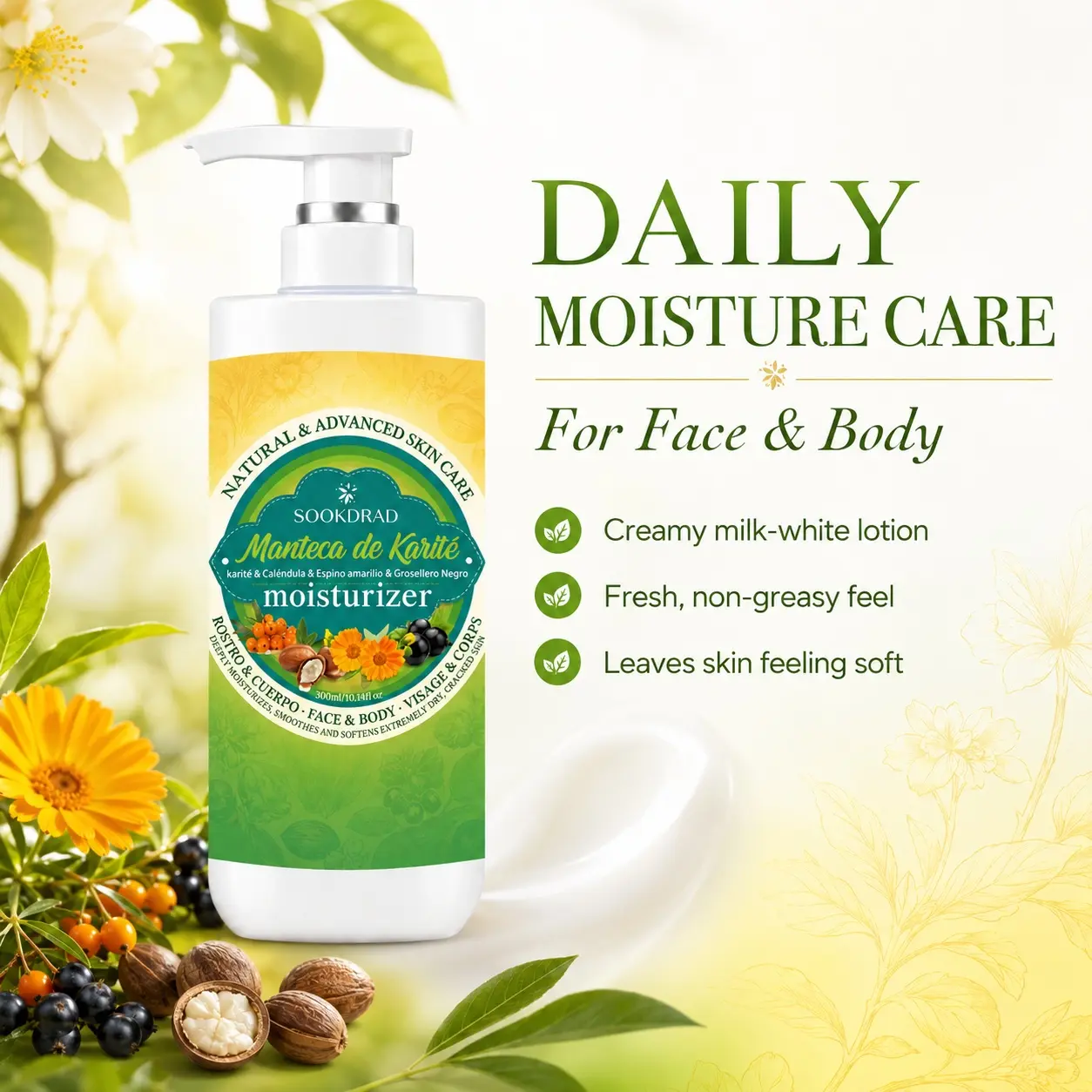 shea butter moisturizer, calendula, sea buckthorn, black currant, deeply moisturizes, smoothes, softens, face, body, extremely dry skin, cracked skin, 300ml/10.14fl.oz