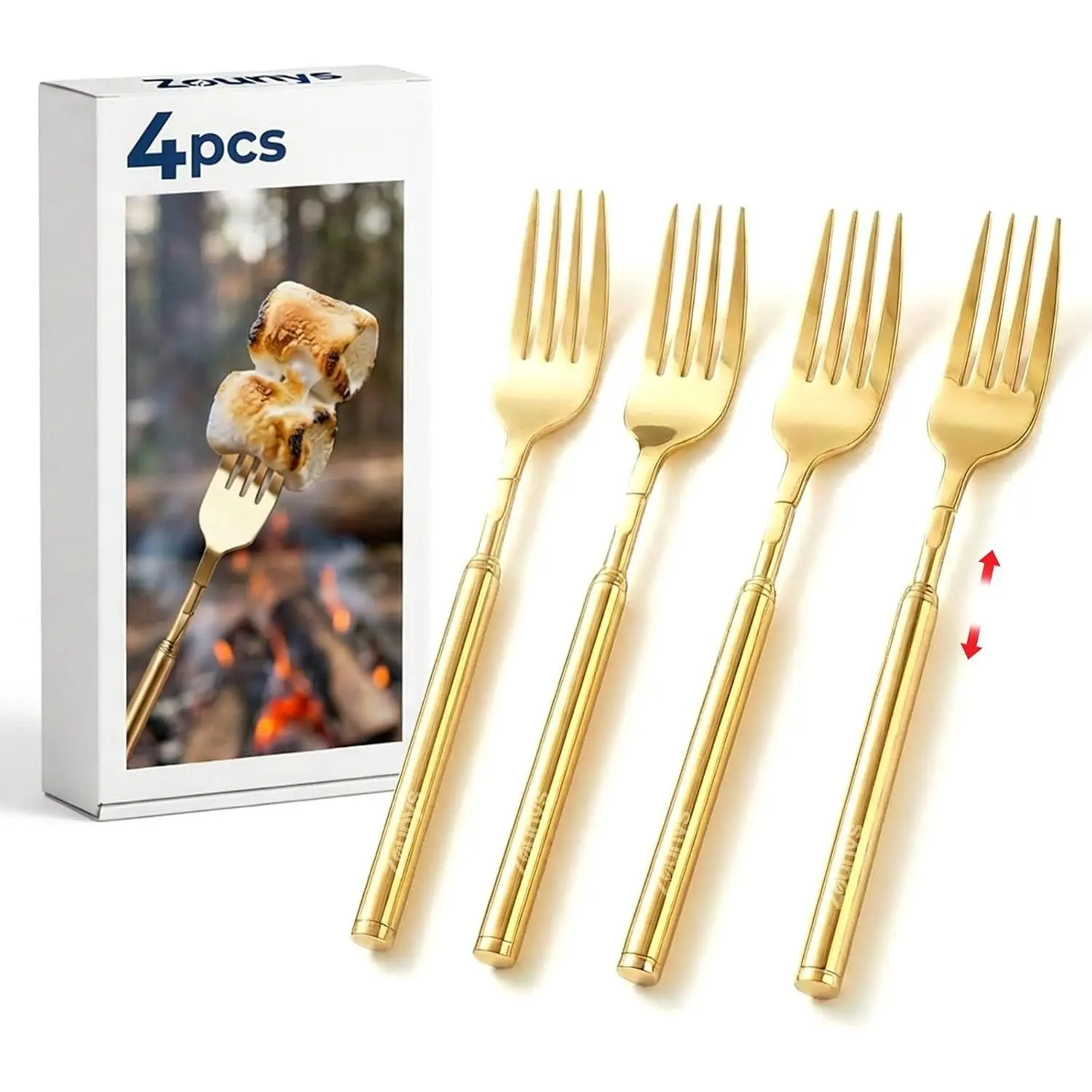 4 count Extendable Fork for Long Prank Jokes, Expandable Stainless Steel  Forks, Telescopic 8.6 to 24.5 Inch  for Eating BBQ, Dinner, Fruit (Golden)