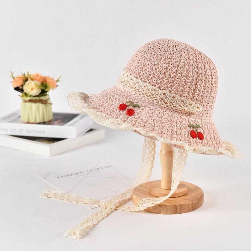 Korean-style Sweet Cherry Embroidered Straw Hat Summer Sun Protection Foldable Trendy Beach Hat for Vacation