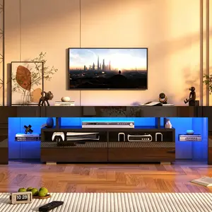 TV Stand with 16 Color LED Lights, Media Console with Drawer and Glass Open Shelf for 65/75/85/90/100 inch TV, Modern Gloss Entertainment Center for Living Room, Black/white