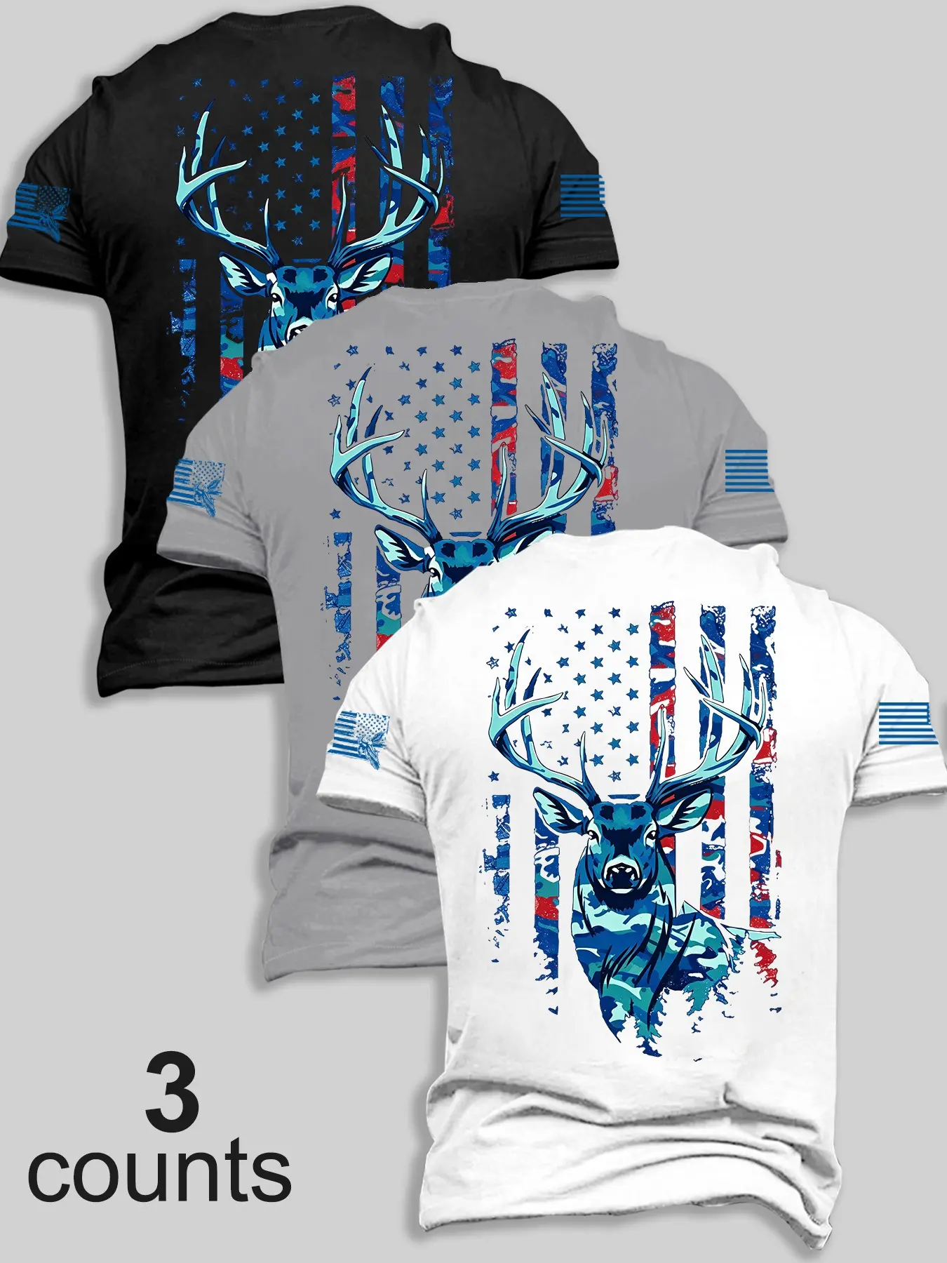 3 Pack Mens Crew Neck Short Sleeve Tees Vintage Distressed Star Stripe Camo Flag Wildlife Deer Graphic Back & Sleeve Print Soft Casual Shirts Patriotic Outdoor Hunting Street Graphic T Shirts For Daily Camping Travel Leisure Outfit Tops