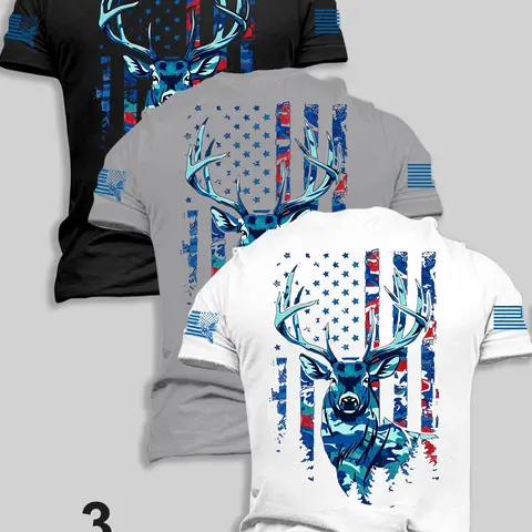 3-Pack Men's Crew Neck Short Sleeve Tees, Vintage Distressed Star Stripe Camo Flag and Wildlife Deer Graphic Print on Back and Sleeves, Soft Casual Patriotic Shirts for Daily, Camping, Outdoor Hunting and Cool Graphic Tee