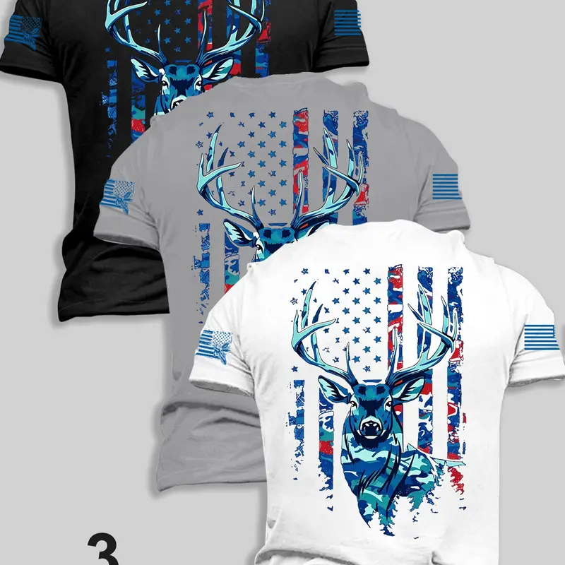 3-Pack Men's Crew Neck Short Sleeve Tees, Vintage Distressed Star Stripe Camo Flag and Wildlife Deer Graphic Print on Back and Sleeves, Soft Casual Patriotic Shirts for Daily, Camping, Outdoor Hunting and Cool Graphic Tee