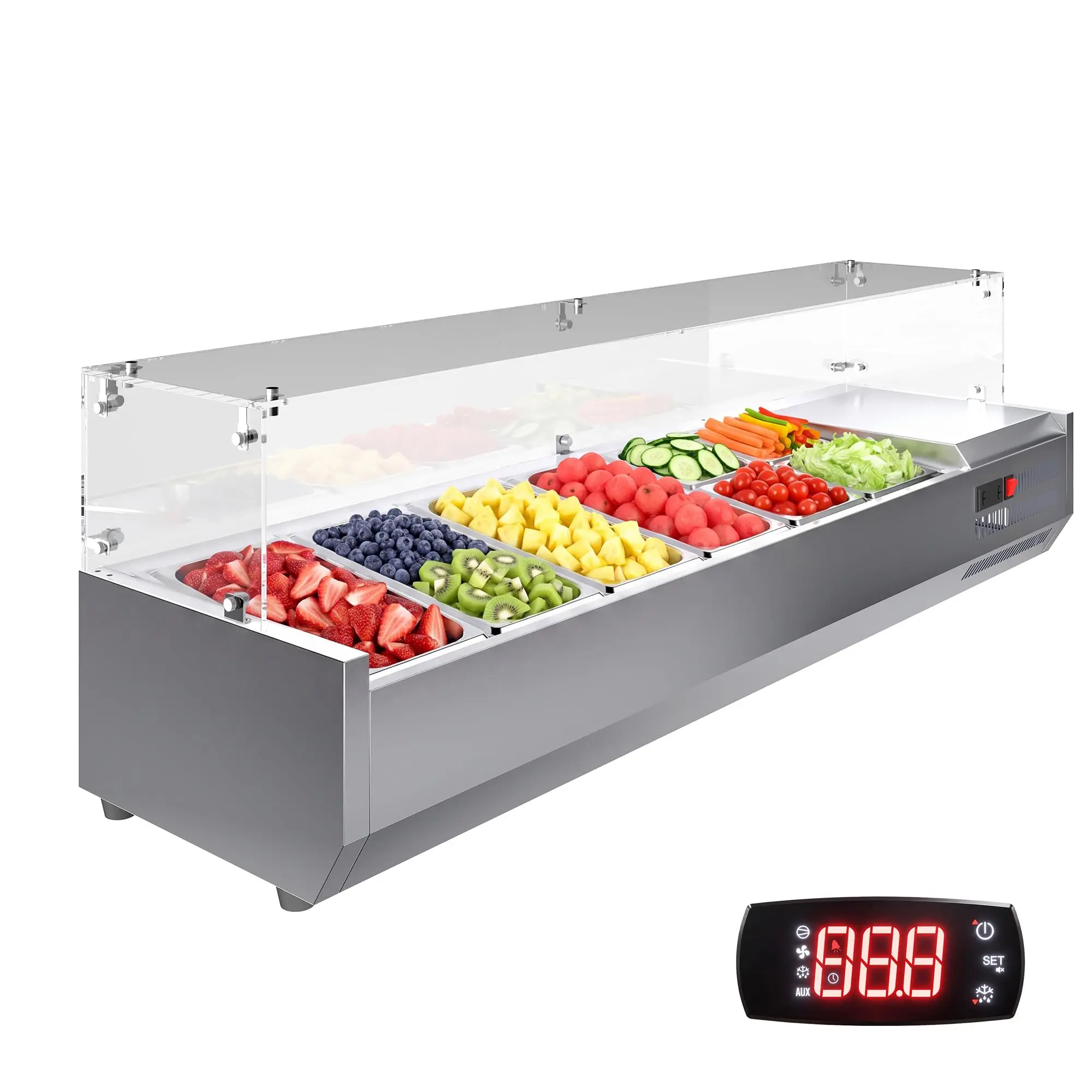 130W Countertop Refrigerated Prep Table – 304 Stainless Steel – Digital Thermostat – One 1/3 & Four 1/6 Pans – PC Lid – Cold Food Station for Salad & Pizza Toppings – Ideal for Restaurants