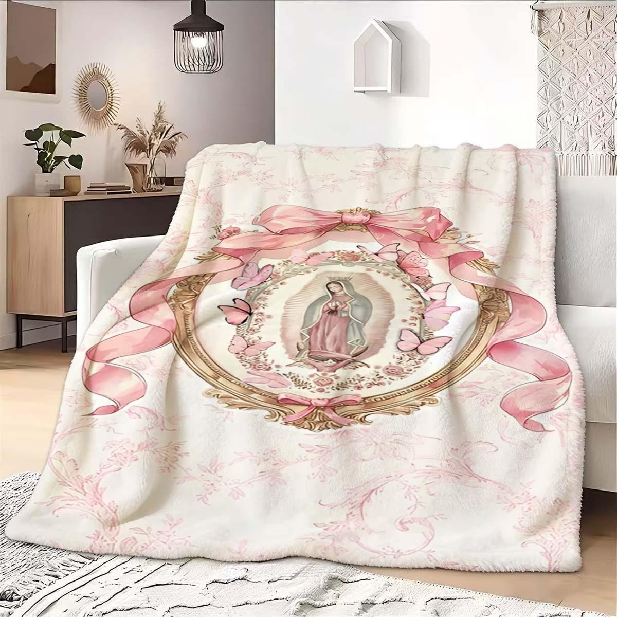 Our Lady of Guadalupe Print Fleece Blanket, 100% Soft Plush Fabric, Contemporary Style Throw, Soft Winter Blanket for Home, Travel, and All Seasons