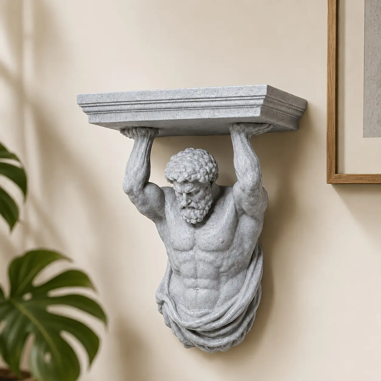 [2D Flat] Atlas Wall Shelf, Greek Mythology Statue Decor Shelf, Wall Mounted Floating Display Shelf, Vintage Stone Texture Resin Sculpture Shelf, Heavy-Duty Decorative Storage Rack for Home, Living Room, Bedroom, Office, Entryway Decor