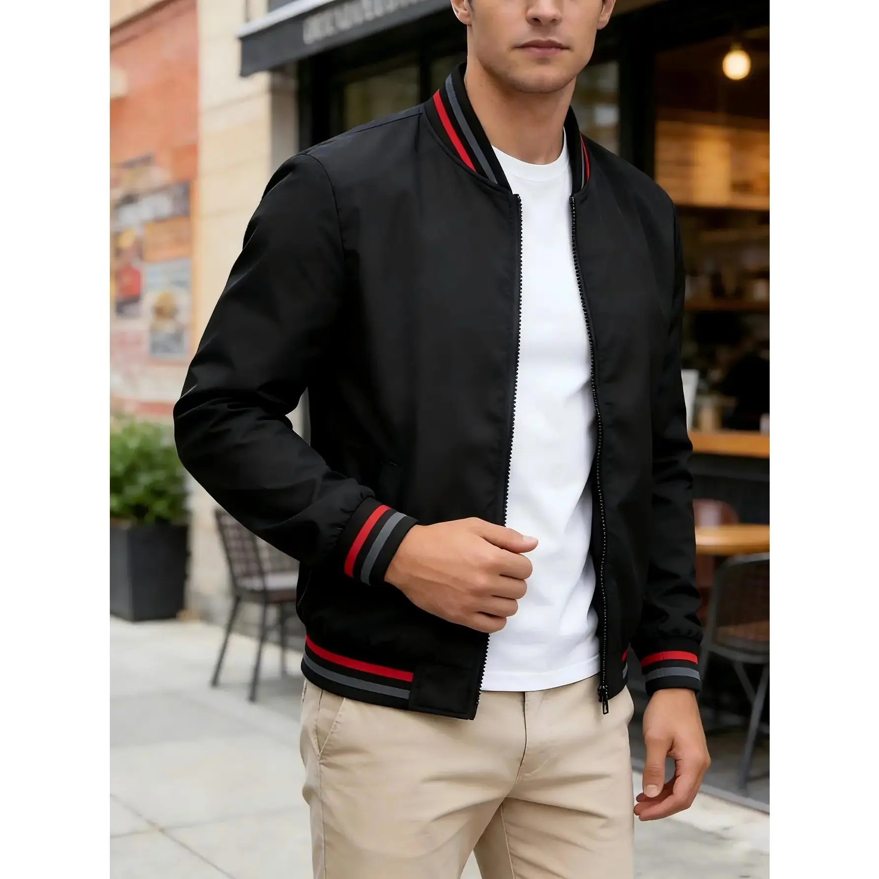 Men’s Retro Color-Block Ribbed Aviator Jacket - High-Stretch Ribbed Fabric, Smooth Zipper, Lightweight Windproof, Ribbed Cuffs, Full-Zip Sporty Layer for Outdoor Sports, Vibe-Enhancing Casual Outerwear, Male Jacket, Polyester Weave, Collared Neck