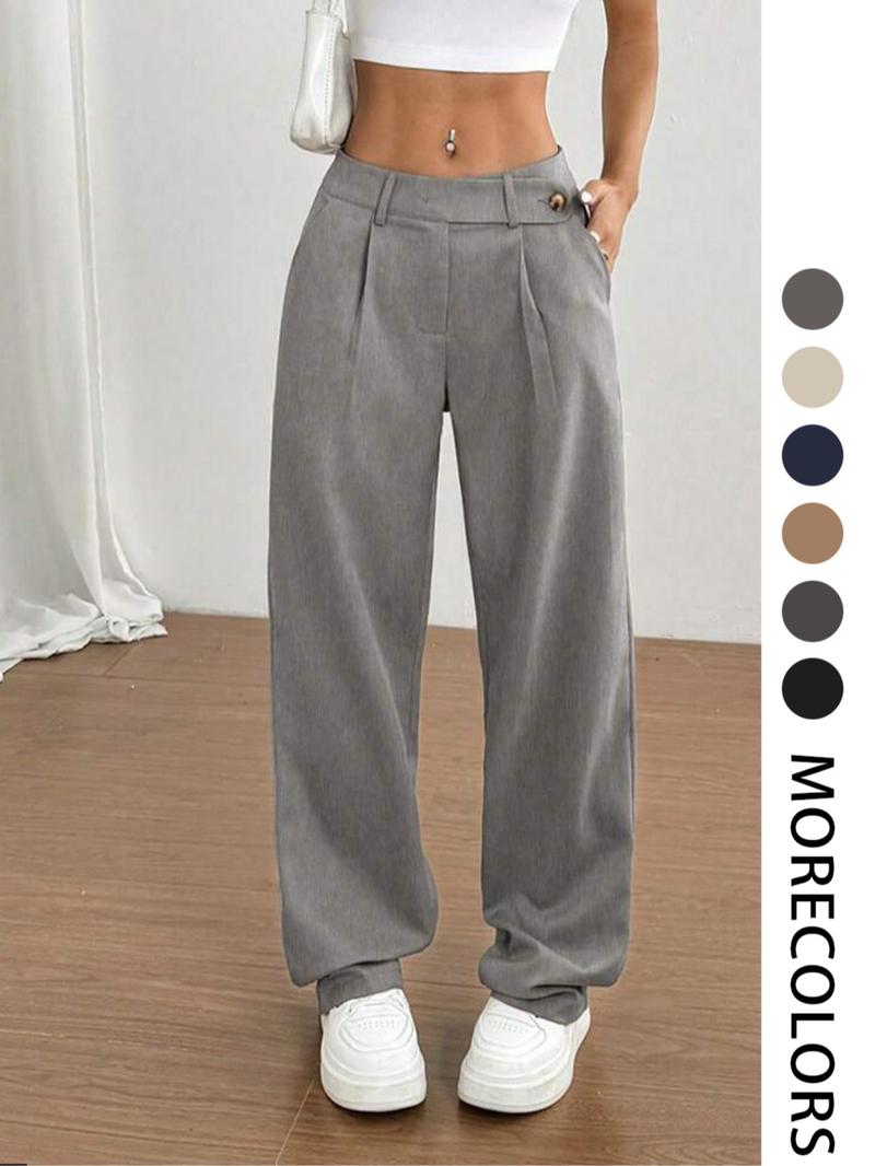Women's Solid Color Straight Leg Pants, Casual Comfy Pocket Trousers for Daily Wear, Ladies Bottoms for All Seasons, Asymmetrical Waist Design Pants, Casual Chic Trousers