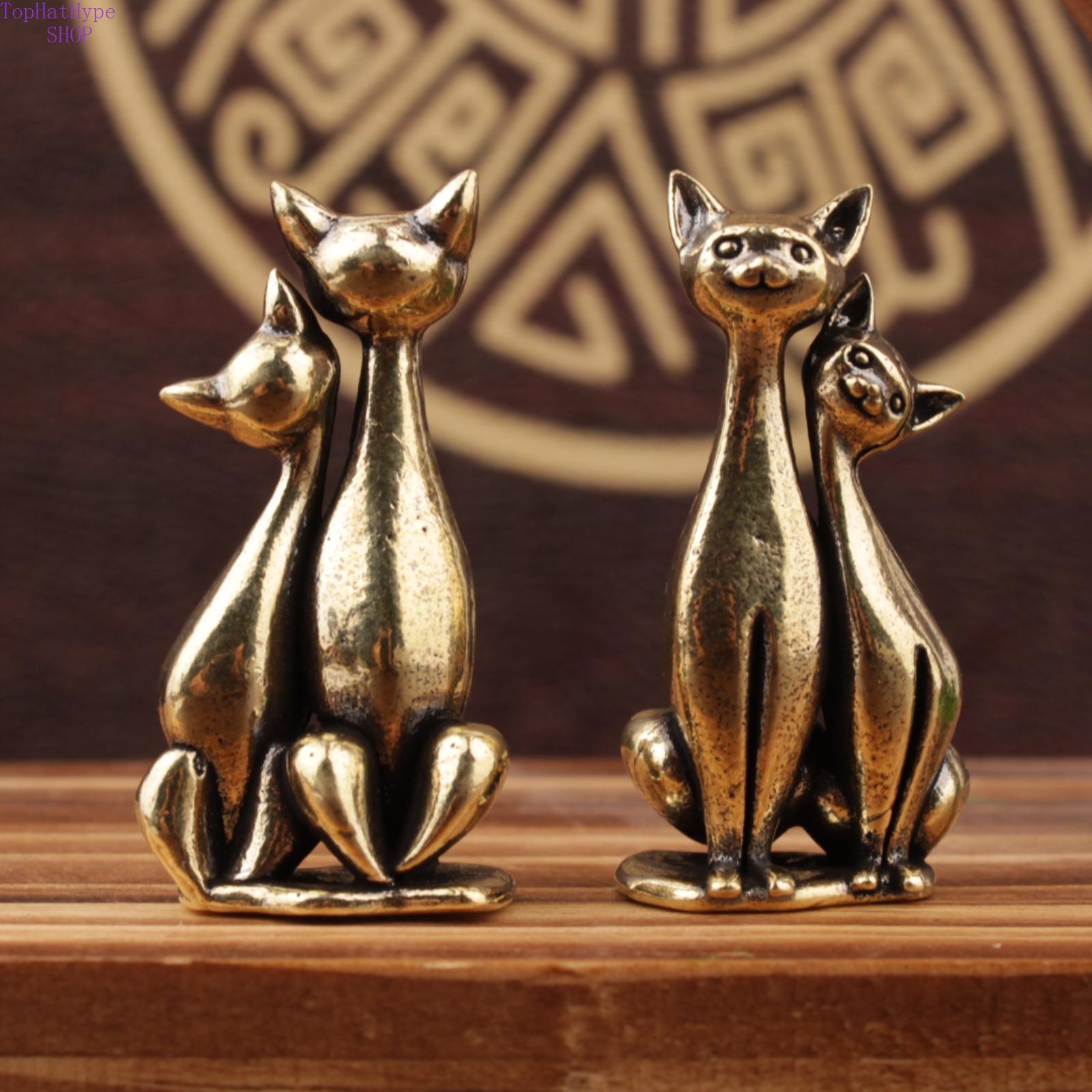 Trending Brass Couple Cat Figurines, Cute Mini Home & Office Desktop Ornaments, Vintage Animal Decor for Tabletop & Shelf Display