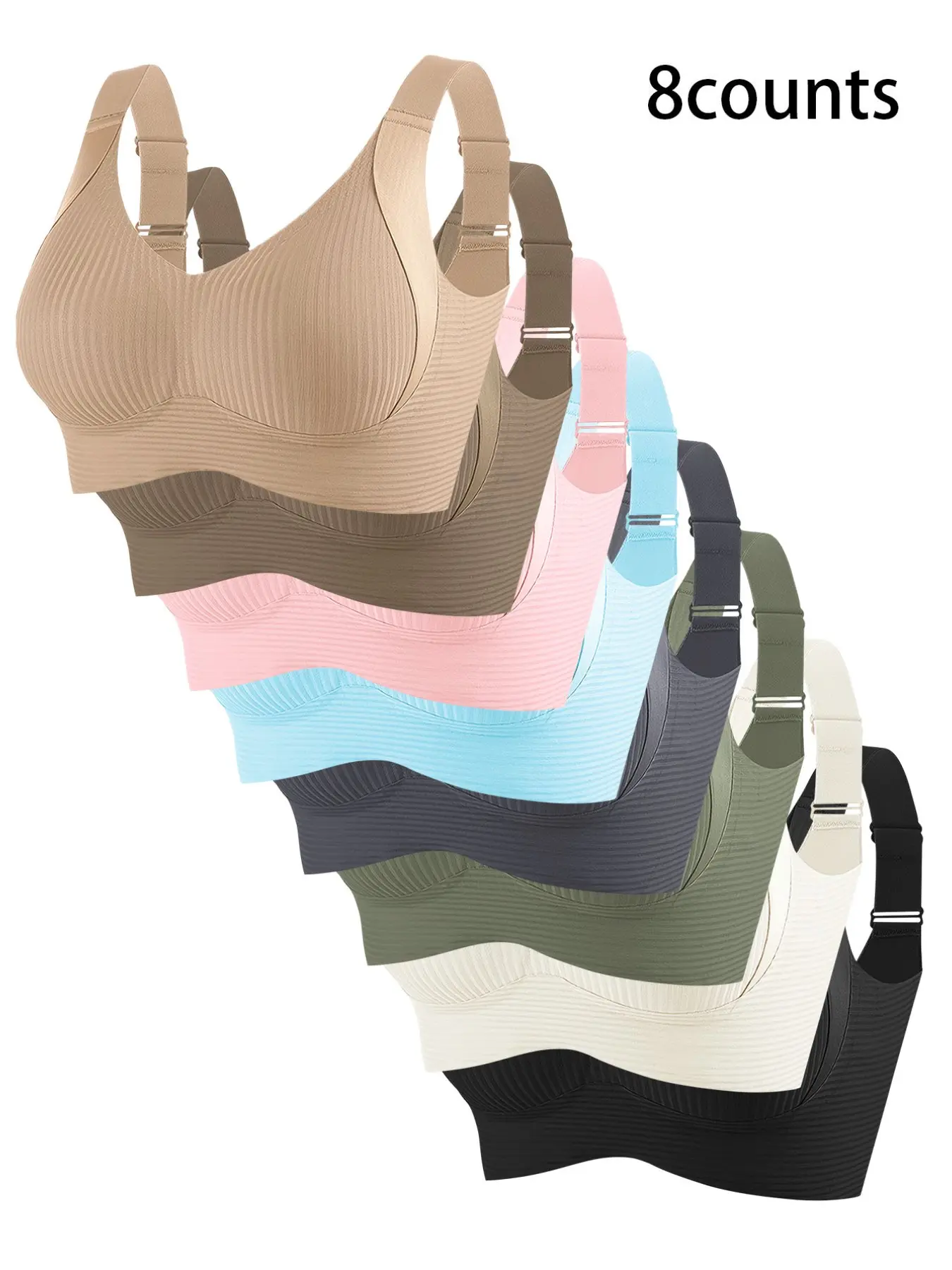 Women's Sporty Push-Up Bra, Seamless Wireless, Adjustable Straps, Anti-Sag, Medium Support, Detachable Pads, V-Neck, 8-Pack