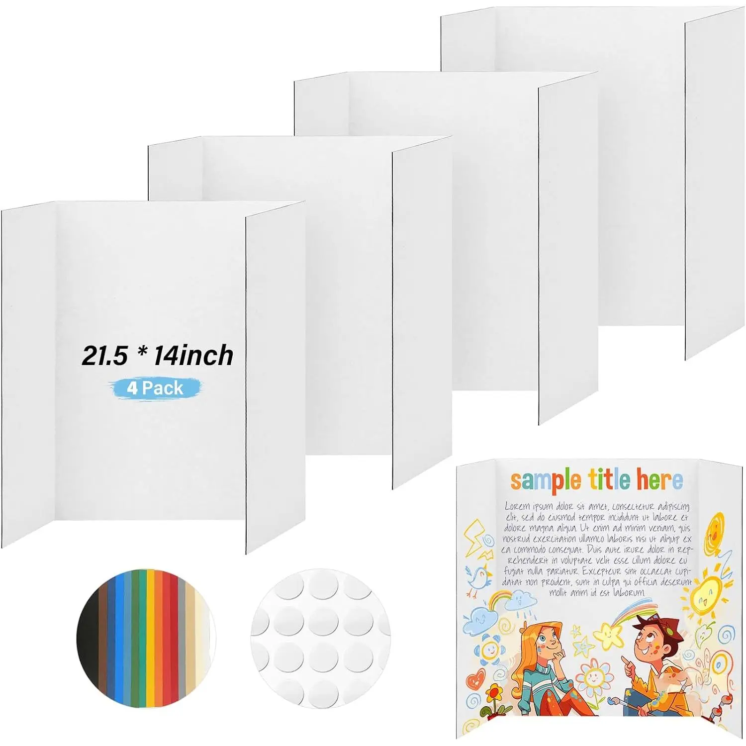 4 count Trifold Poster Board, 21.5x14 inches Small White Poster Board Comes with Sticky Accessories, Corrugated Presentation Boards, Display Board for School Projects, Business Presentations