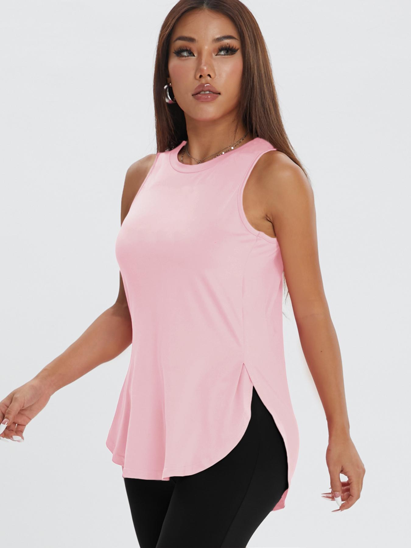 Women's Solid Color Asymmetrical Hem Sports Tank Top, Casual Curved Hem Sleeveless Round Neck Sports Top for Yoga Gym Workout Running, Ladies Sportswear for All Seasons