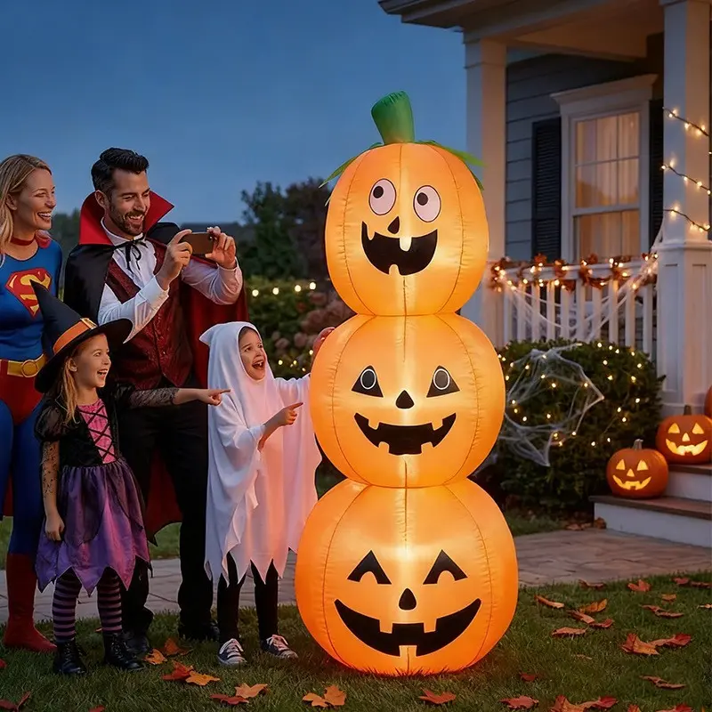 Large Halloween Inflatable Pumpkin Decoration with LED Lights, 3 Tier Jack O Lantern Ghost Yard Decor, Outdoor Lawn Ornament for Home Garden Festival