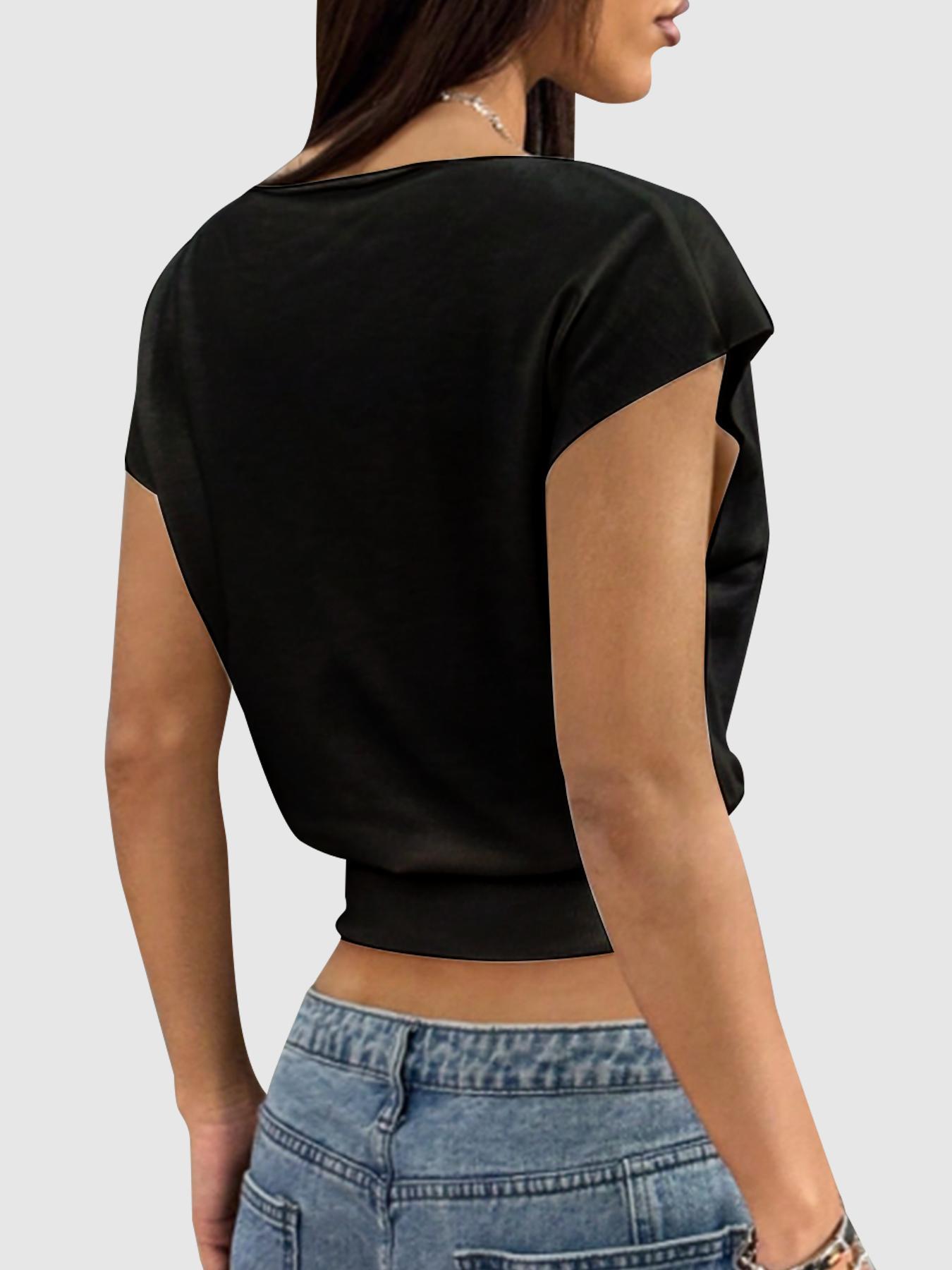 Women's Solid Off Shoulder Asymmetrical Tee, Casual Fashion Long Sleeve T-shirt for Daily Wear, Ladies Clothes for All Seasons, Top