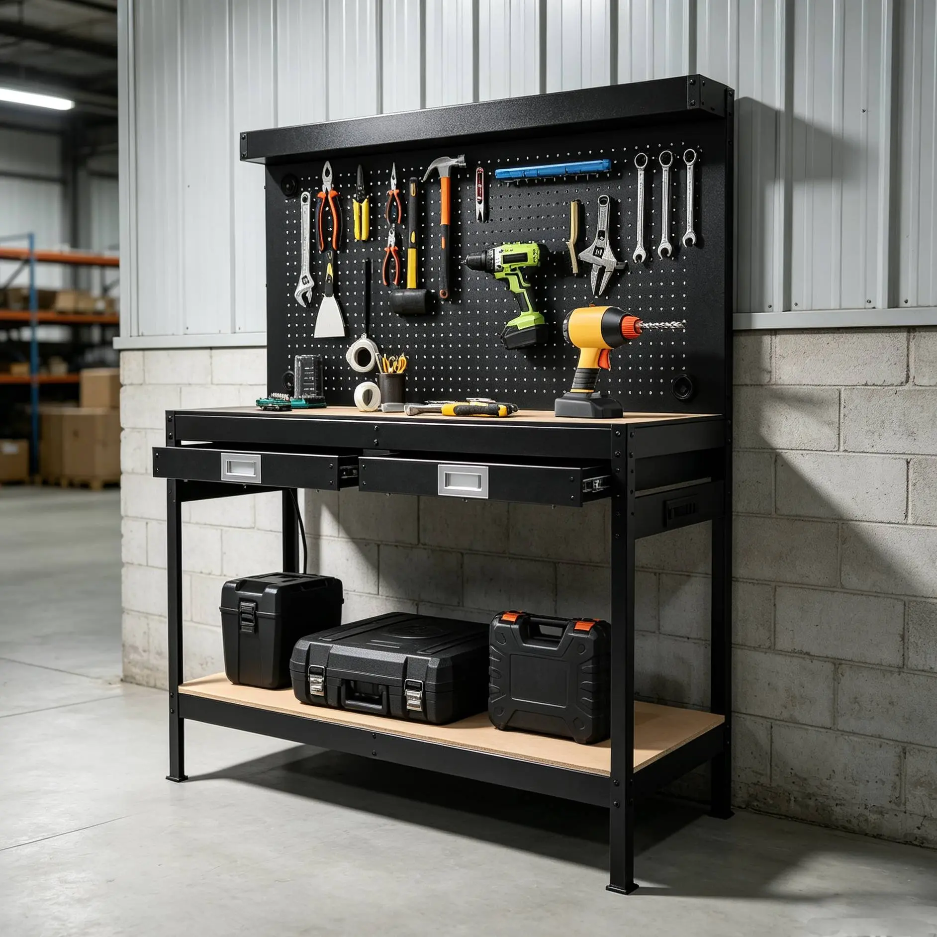 Heavy Duty Adjustable Workbench – Rubber Wood Top, Cold-Rolled Steel Frame – Pegboard, 2 Drawers, Power Strip, Under Shelf – Rolling Metal Table for Garage, Workshop, or Basement