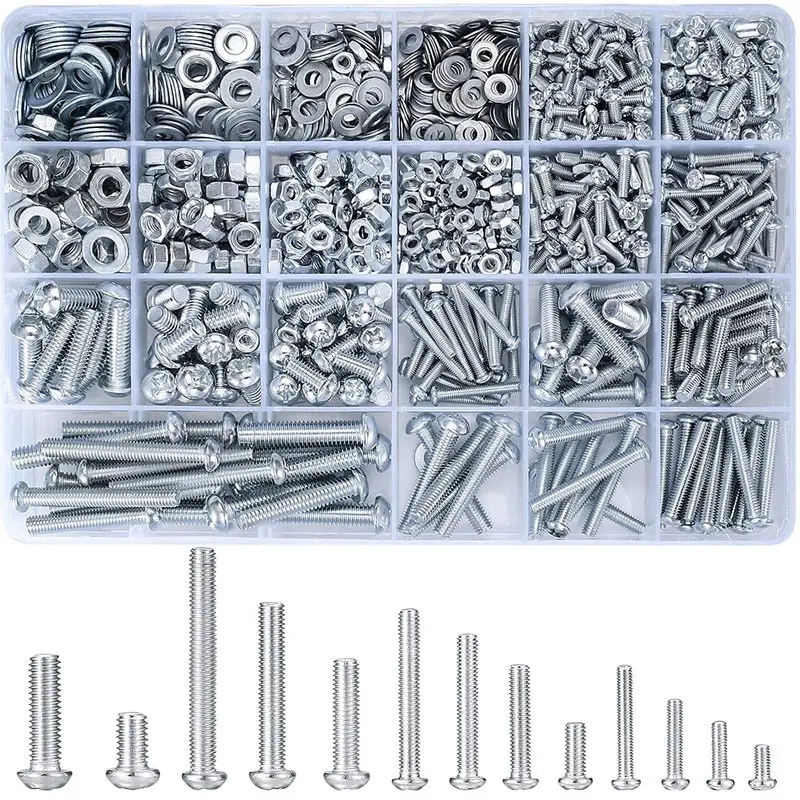 Outdoor activitieswugongshan 1080 Pcs Screws Bolts and Nuts Assortment Kit, Metric Machine Screws and Nuts and Flat Washers, M3/M4/M5/M6 Cross Slotted Round Head Bolts Sets (C)