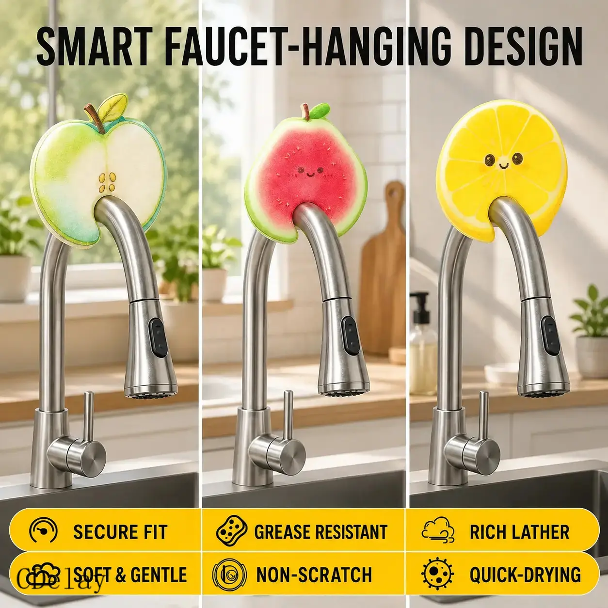 3-Pack Fruit-Shaped Compressible Cellulose Sponges, Natural Pop-Up Plant-Based Compostable Non-Scratch Kitchen Cleaning Tools for Dishes & Households