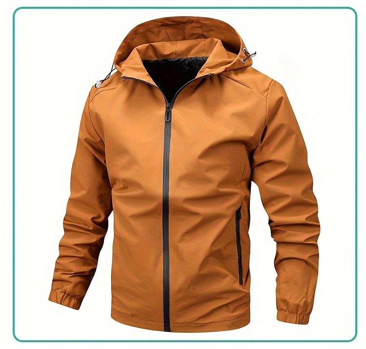 Solid Color Men's Long Sleeve Zip Up Windproof Hooded Sports Jacket For Spring Fall Outdoor, Hiking Running Cycling