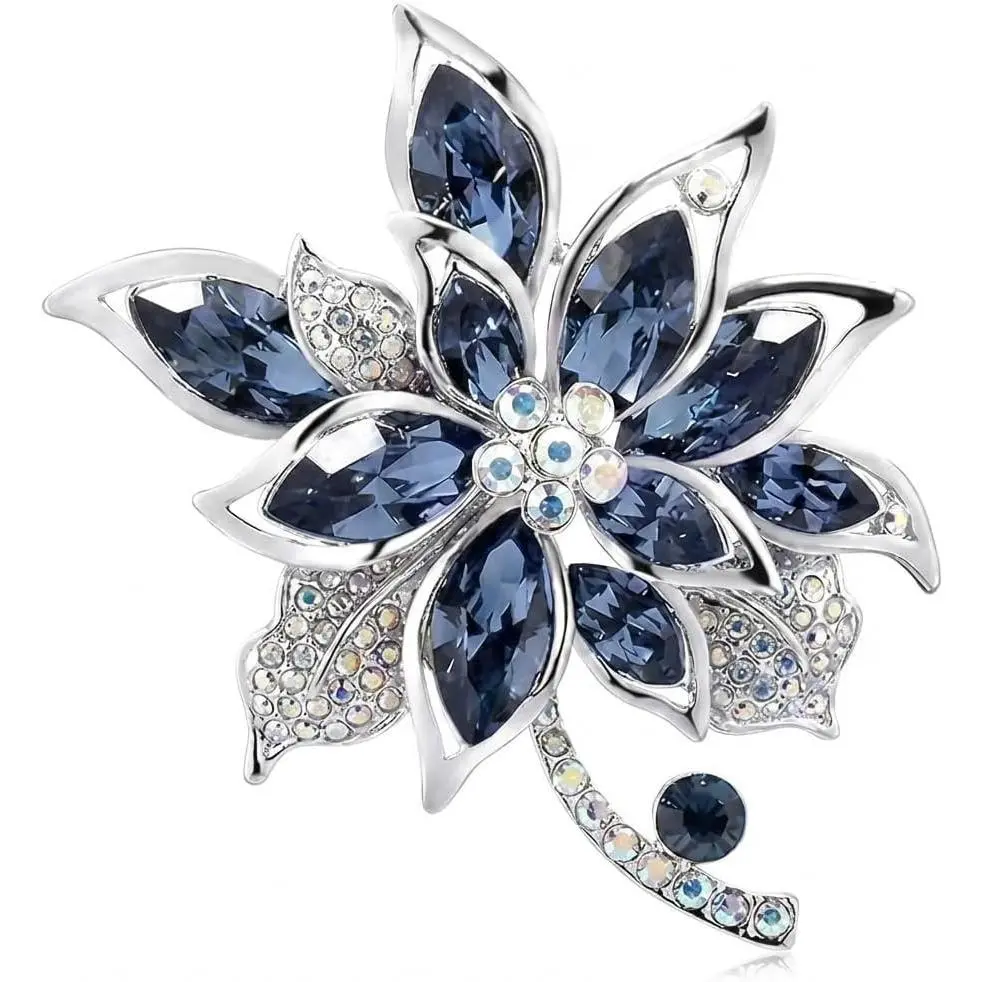 Blue Crystal Flower Brooch Pin for Women, Silver Tone Rhinestone Floral Lapel Badge, Sparkling Jewelry Accessory for Coat Dress Scarf, Party Decoration