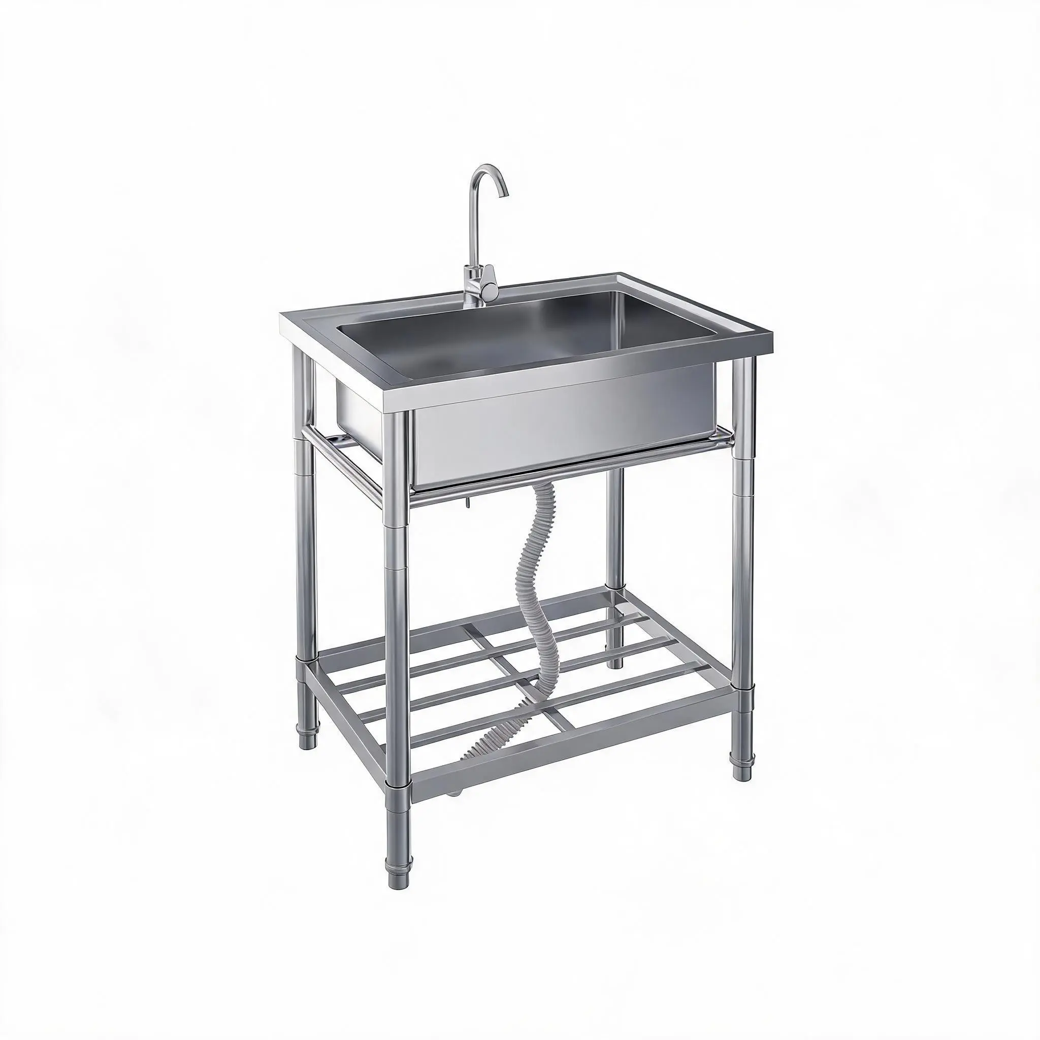 Stainless Steel Utility Sink with Cold/Hot Water Pipe, Free Standing Single Bowl Kitchen Sink with Faucet, Legs, Storage Rack, for Kitchen, Garage, Outdoor Garden, Backyard, Restaurant, Industrial Use
