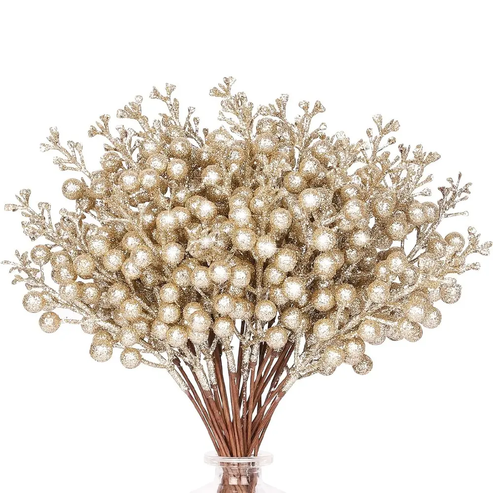 36pcs Shiny Berry Stems, 9.5 Inch Artificial Christmas Tree Picks, Champagne Berry Branches, DIY Holiday Decorations, Home & Wedding Ornaments