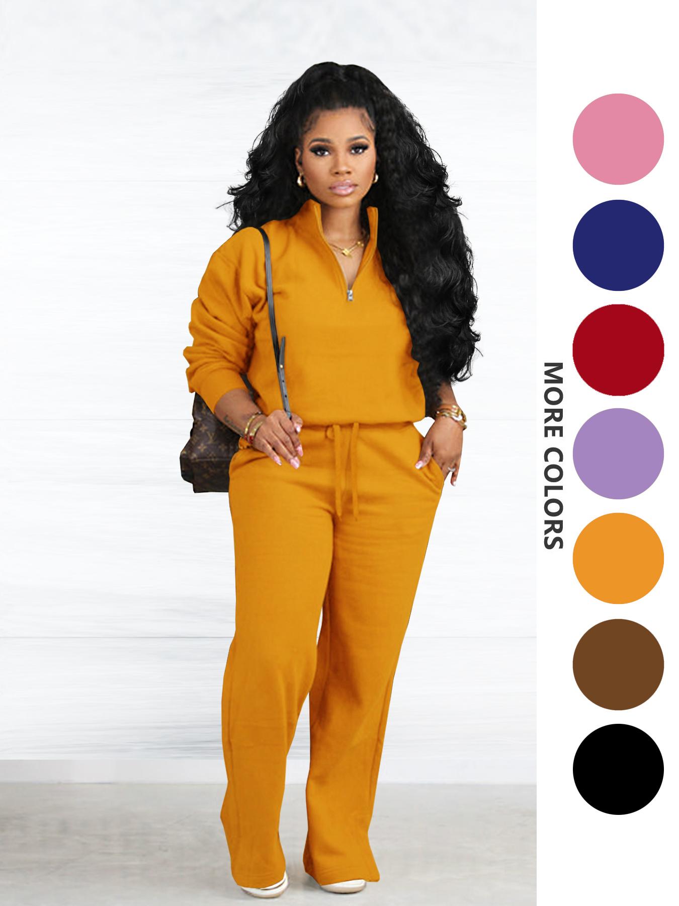 Two-piece Set Women's Solid Zip Up Funnel Neck Sweatshirt & Drawstring Waist Pants, Casual Fashion Cozy Fitted Drop Shoulder Long Sleeve Top & Pocket Trousers for Daily Outdoor Wear, Women's Clothing for Fall & Winter