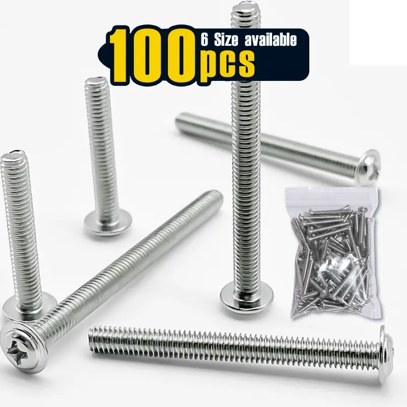 100 Pcs M4 x 20-45mm Phillips Pan Head Machine Screws with Washers – Assorted Lengths for Cabinet Pulls & Knobs Metal Screws