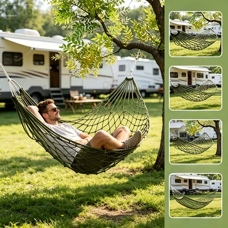 Nylon Rope Mesh Hammock Portable Lightweight Camping Hammock Breathable Durable Outdoor Patio Hammock with Metal Rings for Garden Backyard Courtyard Travel Hiking Beach Relaxing Hanging Bed Use Hammocks for Outside
