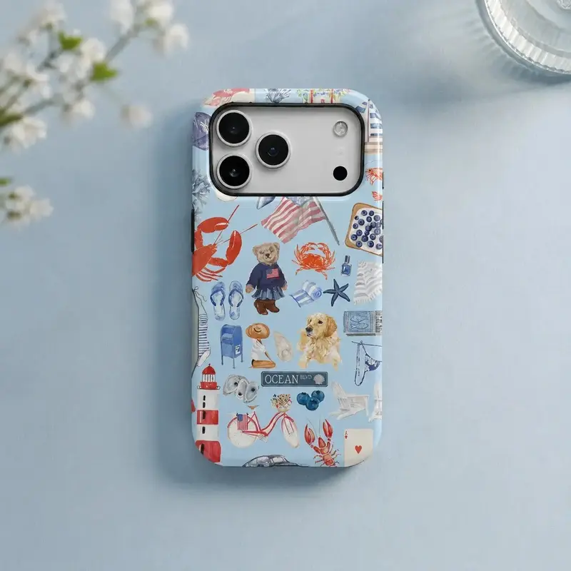 Light blue retro American-style fresh ocean element patchwork pattern protective case, sturdy and durable 2-in-1 protective case, compatible with iPhone 17/16/15/14/13/12/11 Pro Max/Plus/Pro, ,Christmas,Delight,Silicone
