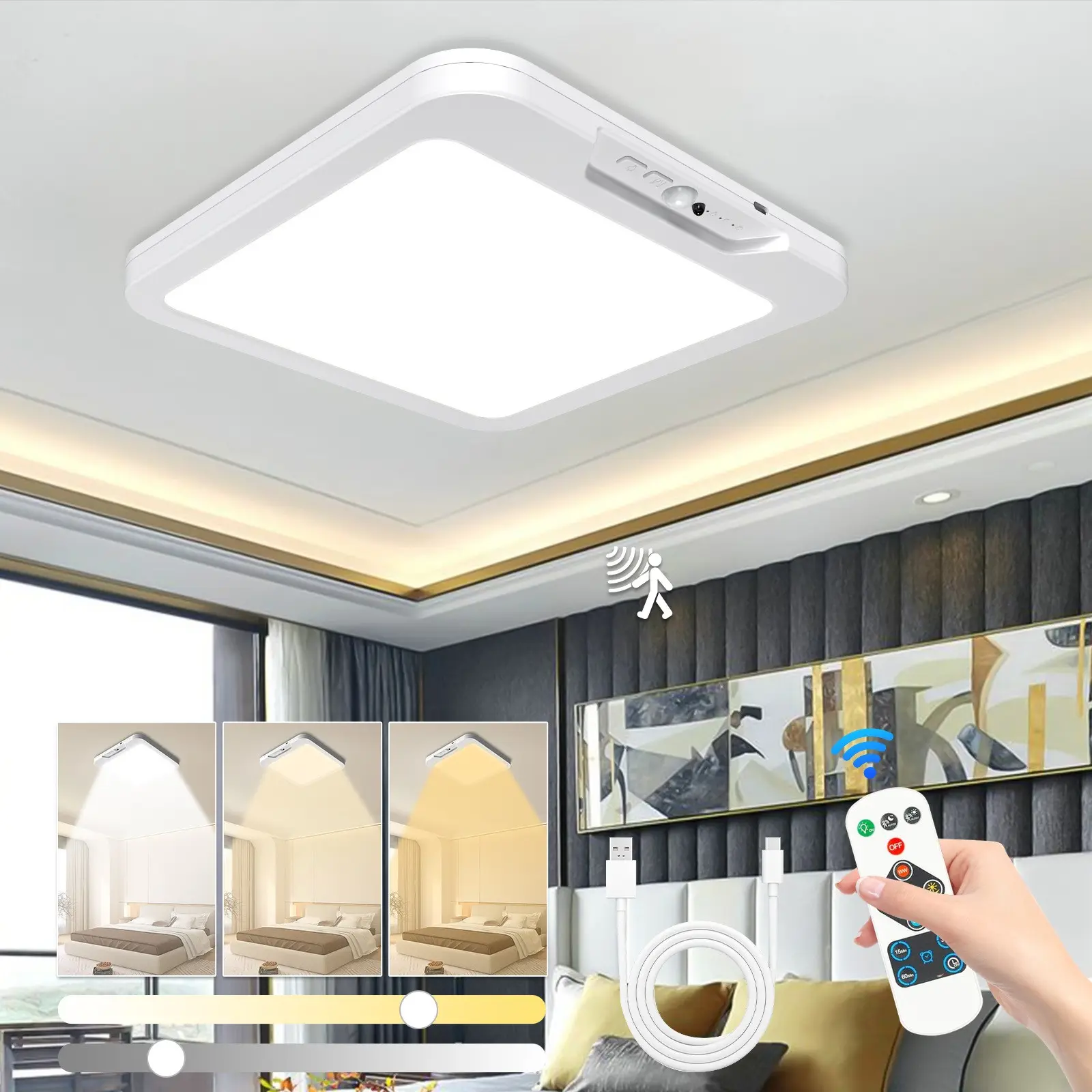 LED Motion-Sensor Modern White Square Ceiling Light, Interior Lights, USB Charging, Remote-Controlled Three-Color Dimming, Suitable for Living Rooms, Hallways, Bedrooms, Home Offices, and Offices—Indoor Ceiling Lighting