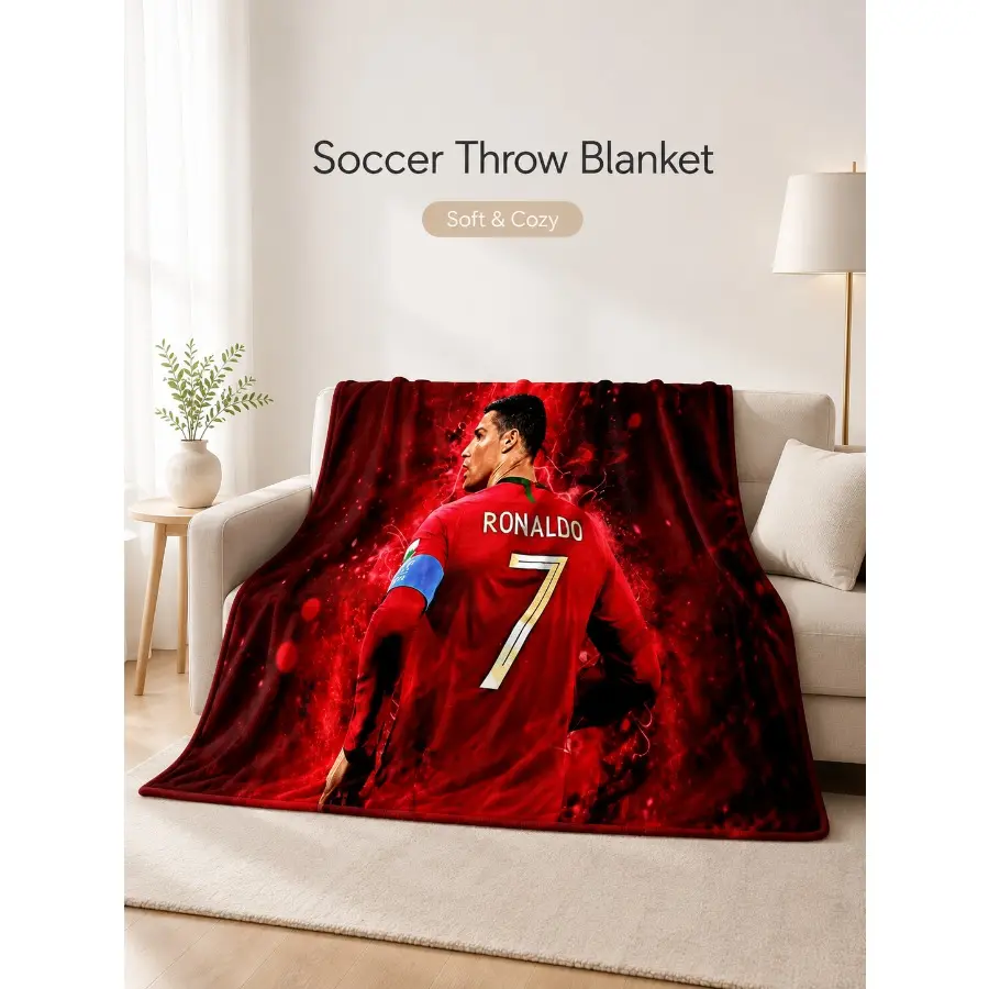 Ronaldo Number 7 Soccer Throw Blanket, Soft Plush Fleece Blanket for Bed Sofa Couch, Football Fan Room Decor Gift for Men Boys and Sports Lovers