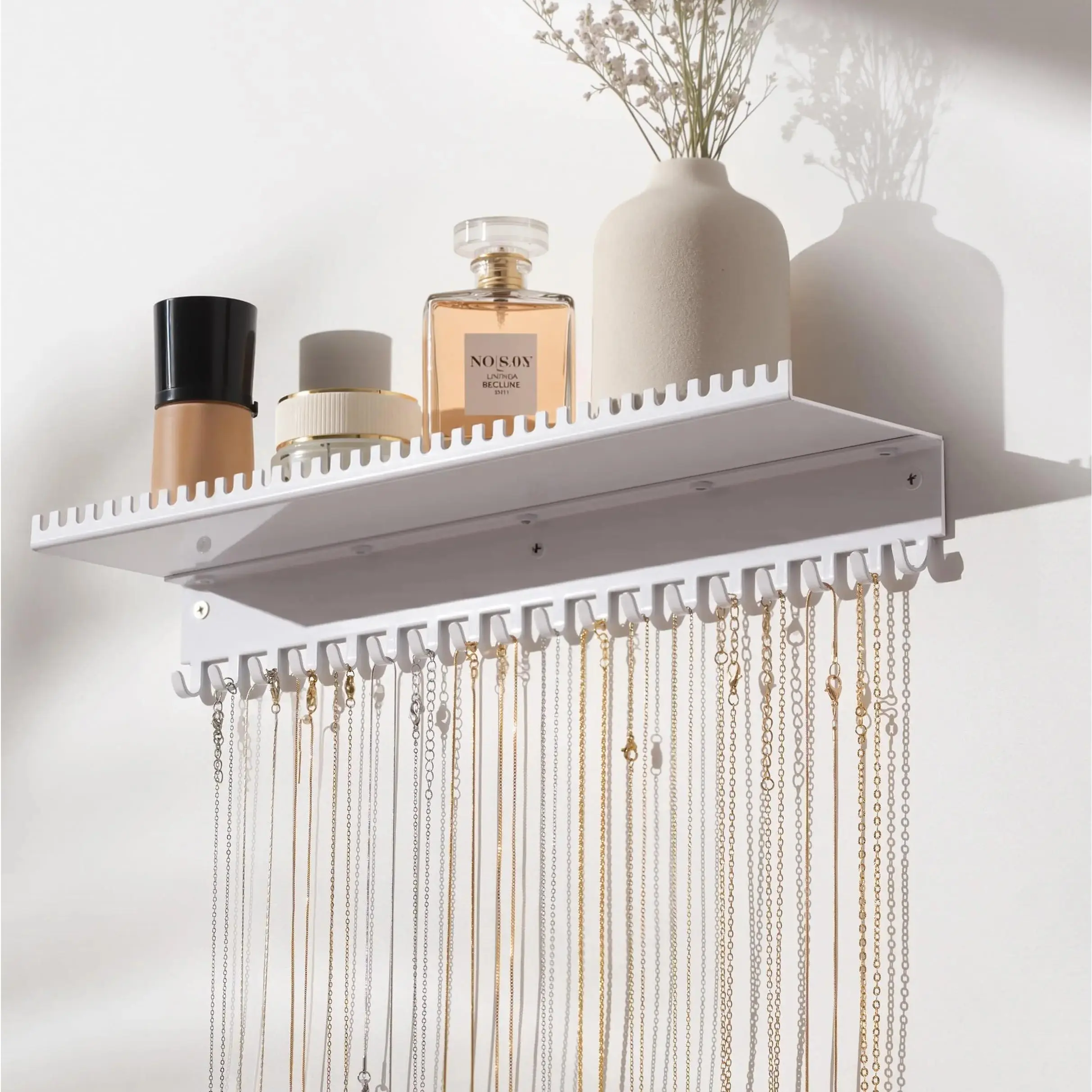 Necklace Holder Wall Hanging Organizer: Wall Mounted Jewelry Shelf with 56 Hooks and Tray, Display Hanger for Kids, Girls and Women