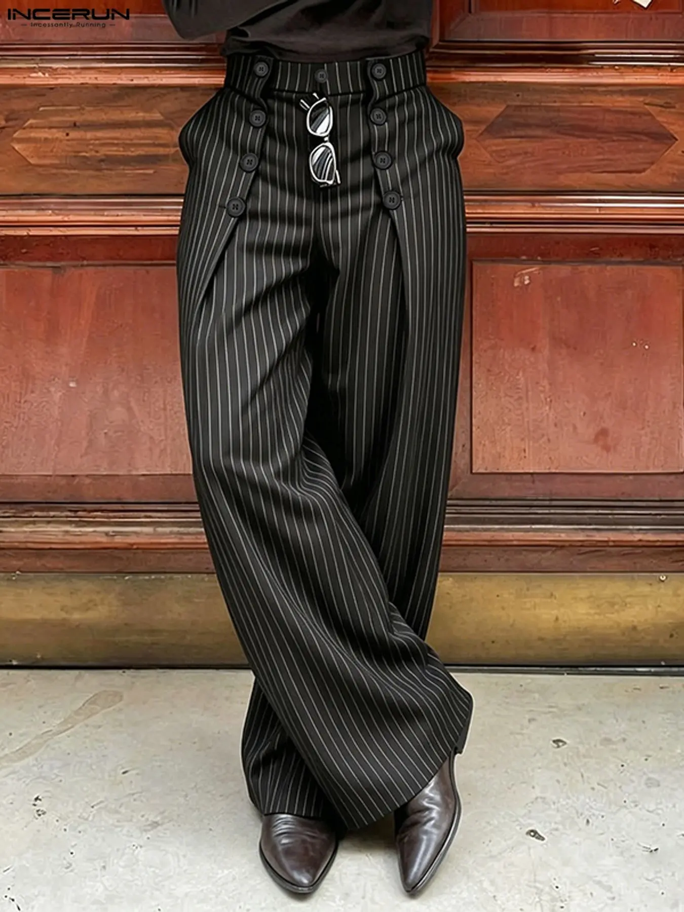 INCERUN Men's Fashion Daily Striped Loose Deconstructed Button Long Pants, Stylish and Comfortable, Perfect for Casual Wear, Trendy Men's Clothing