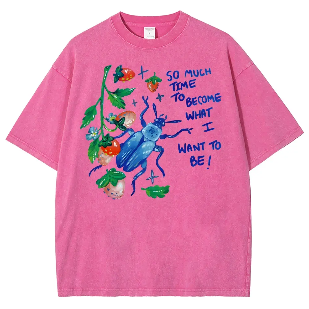 Watercolor Blue Beetle Strawberry Motivational Quote Graphic Vintage Washed Tee 90s Men's Graphic Tee t Shirts Funny Graphic Tee Good Graphic Tees Graphic Tees Streetwear Outfits Men Vacation Outfits Oversized Tshirt Men